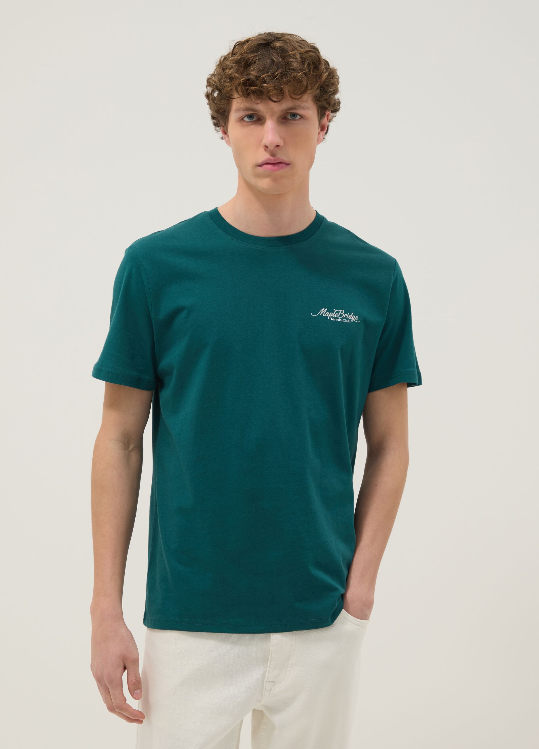 Green pure cotton T-shirt with slogan and back print, regular fit
