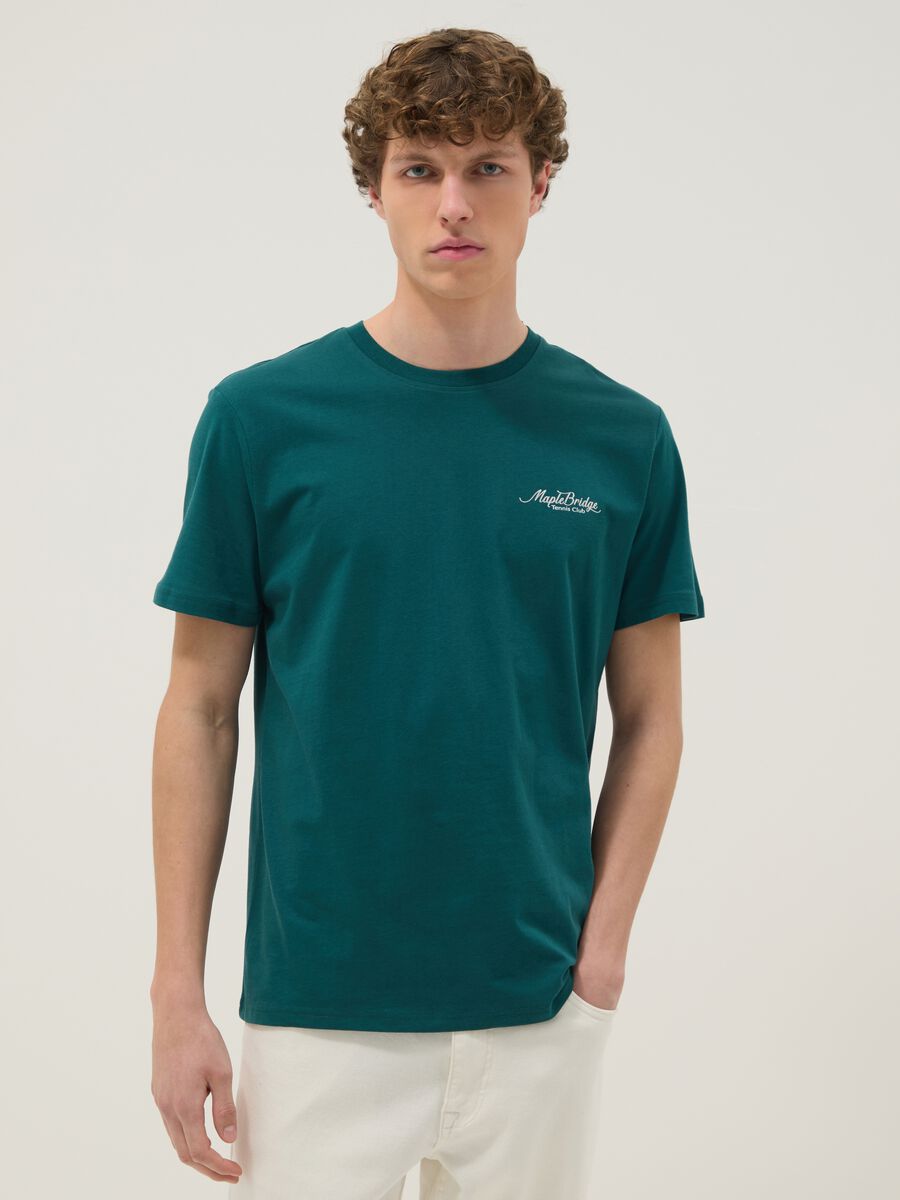 Green pure cotton T-shirt with slogan and back print, regular fit_0