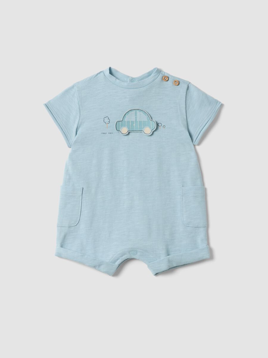 Blue pure cotton baby romper with car motif_0