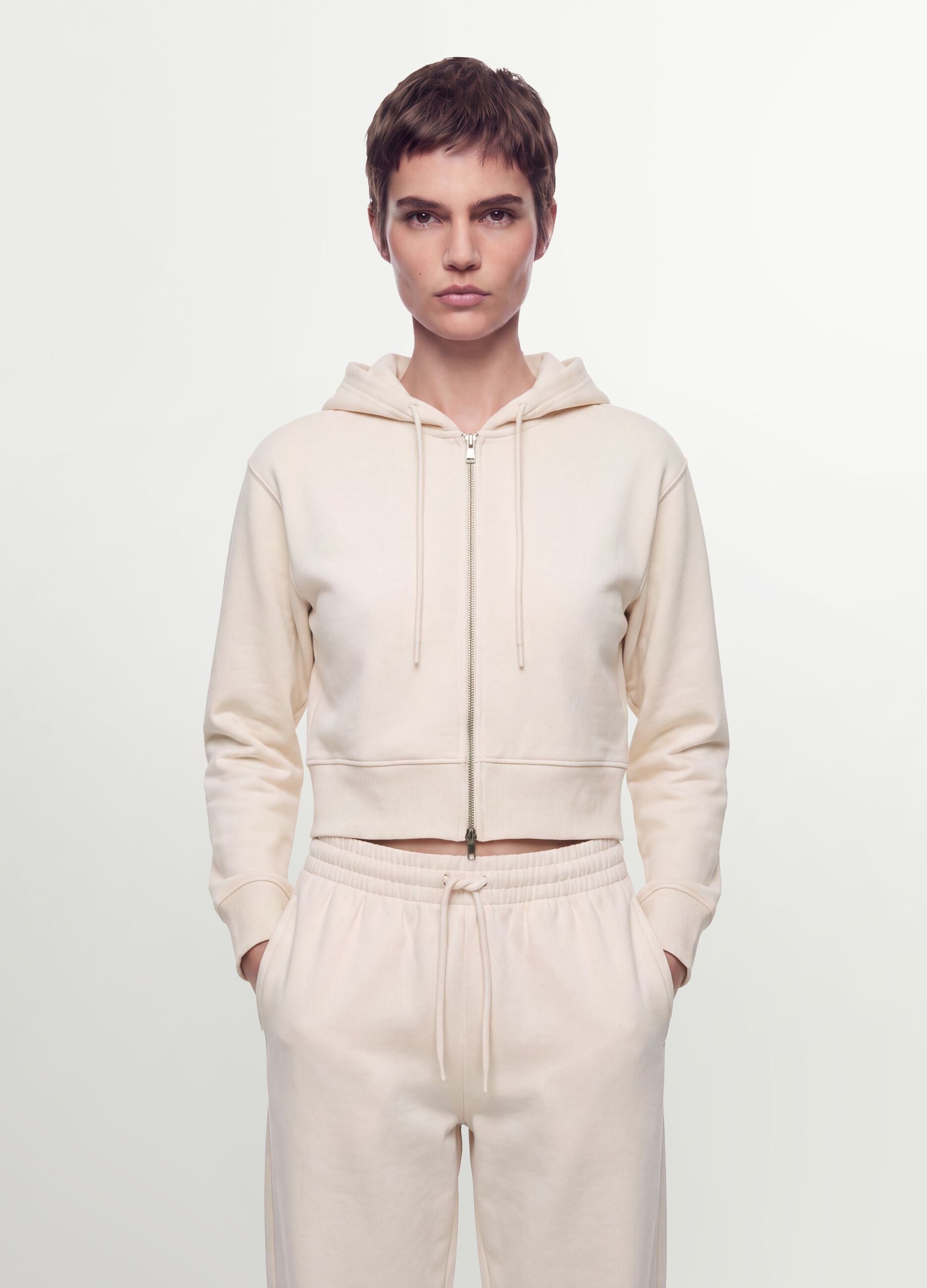White cotton-blend fitted zip-up hoodie