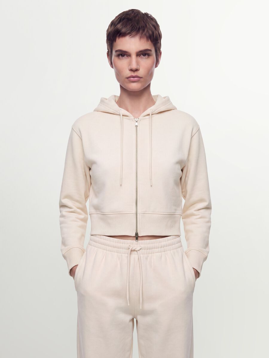 White cotton-blend fitted zip-up hoodie_1