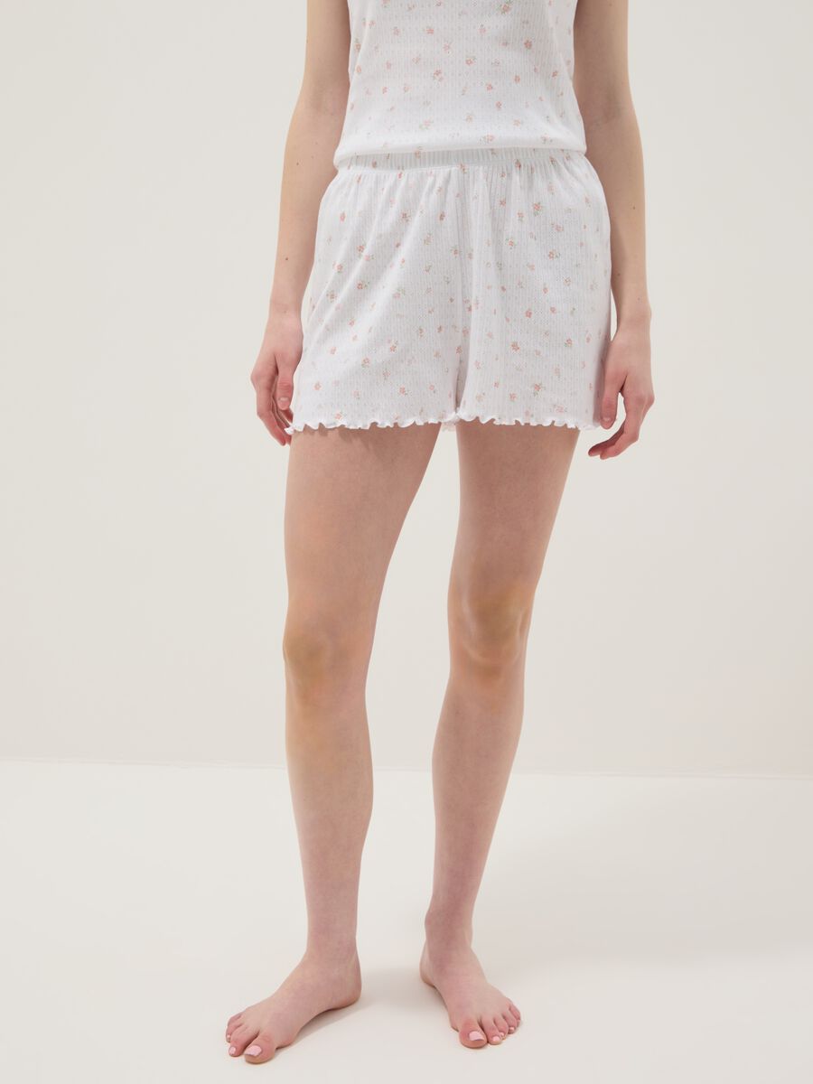 White pure cotton pyjama shorts regular fit with small floral pattern_1