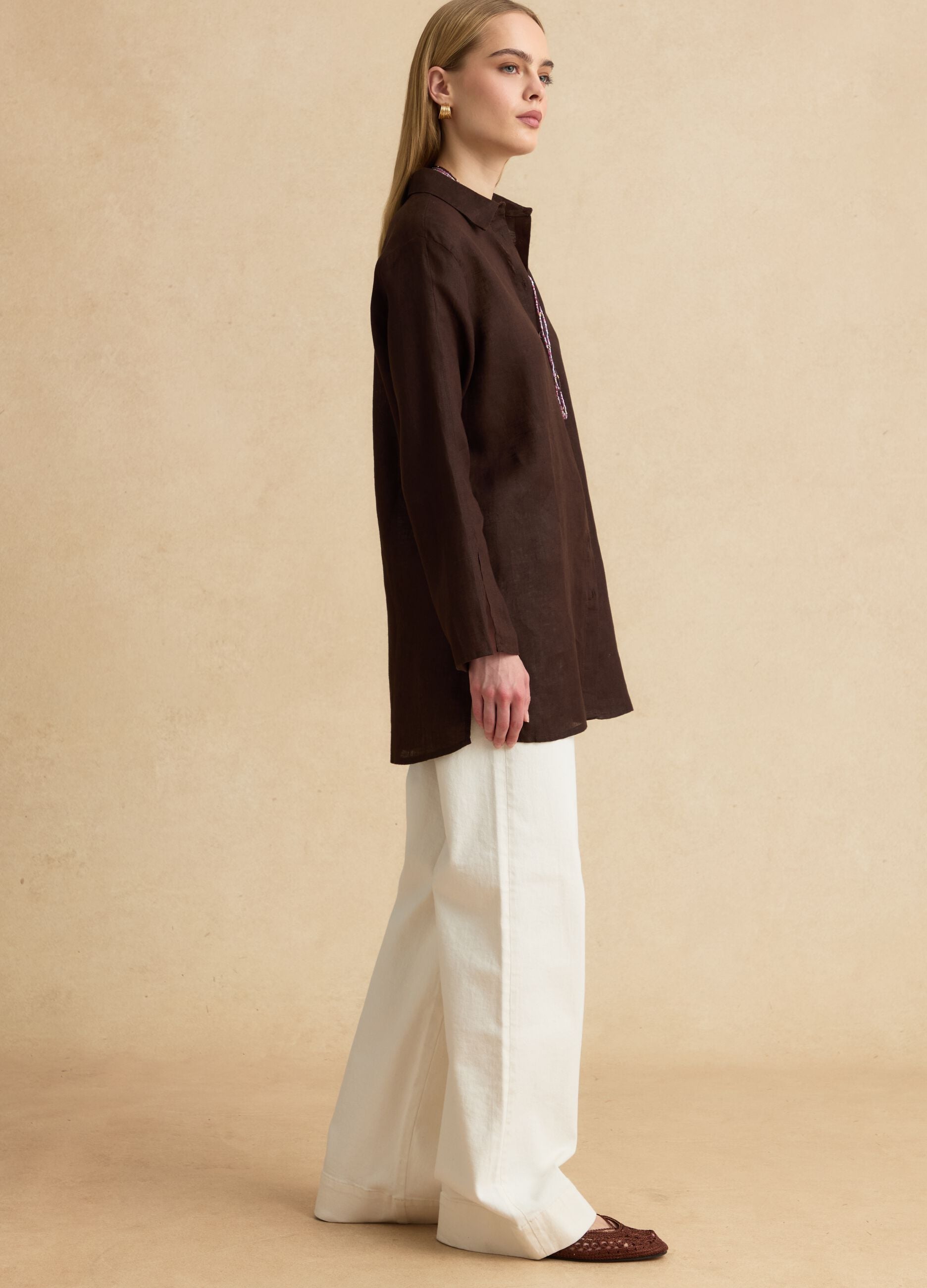 Brown pure linen oversized shirt