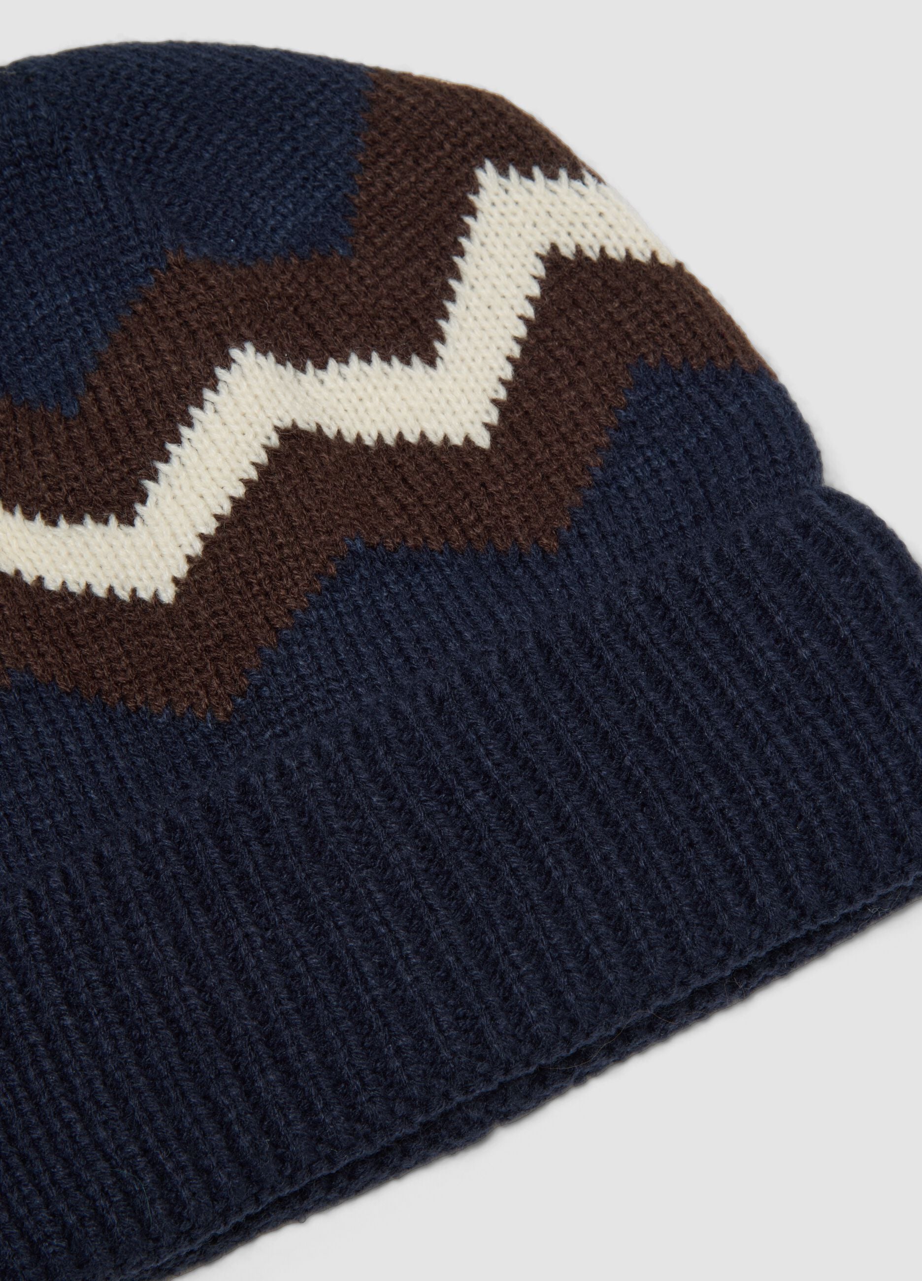 Blue and Brown Knitted Beanie with Pattern
