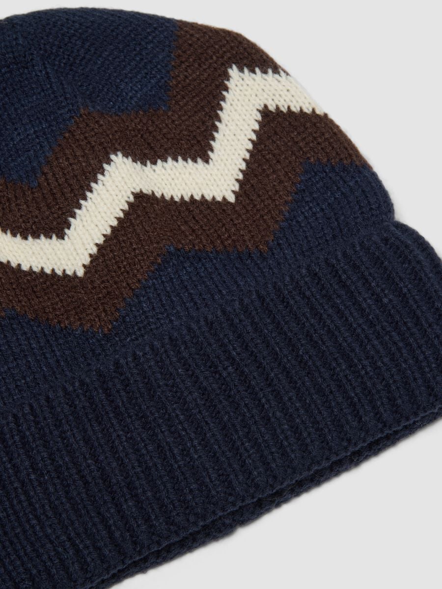 Blue and Brown Knitted Beanie with Pattern_1