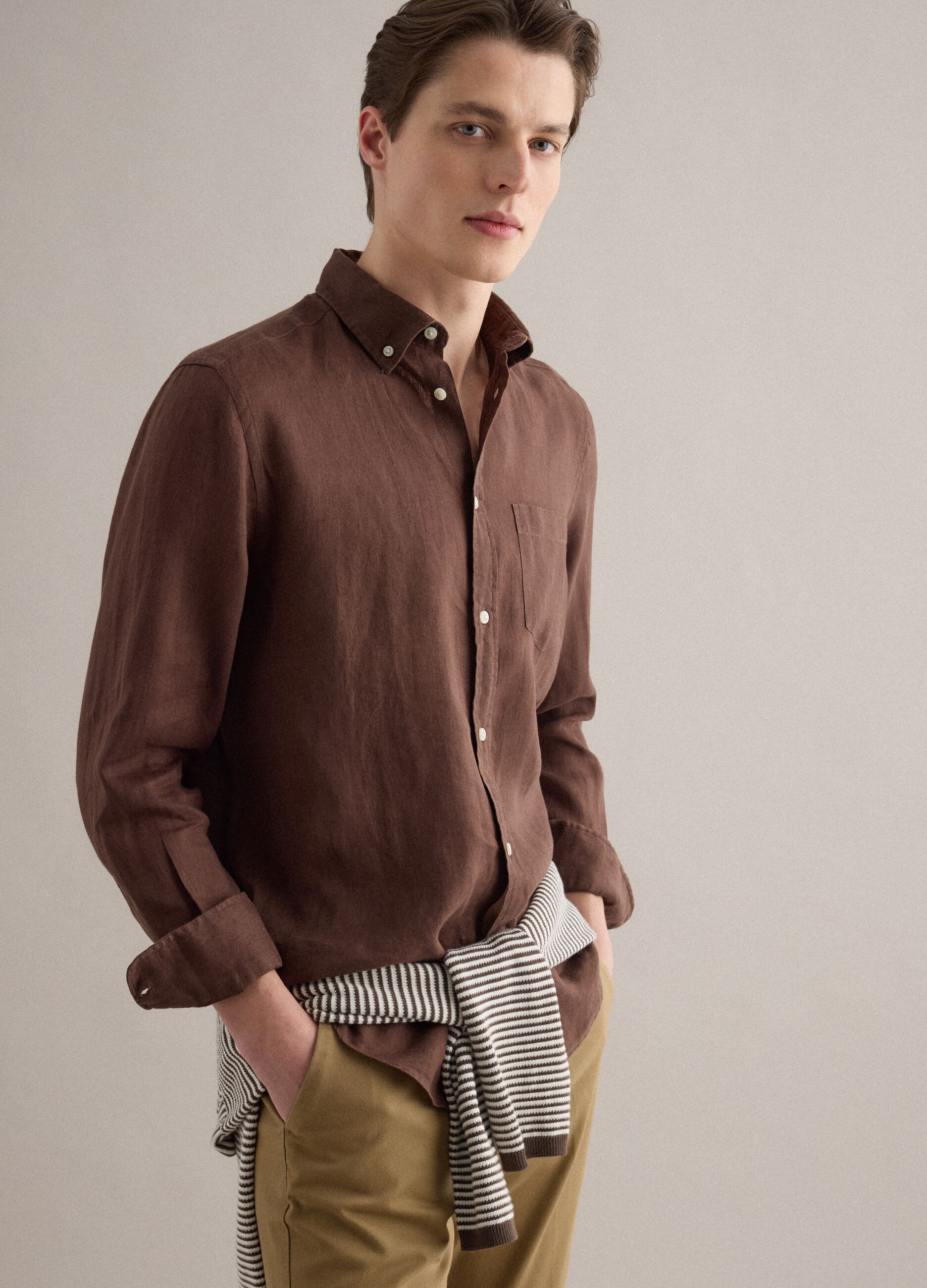 Brown pure linen long-sleeve shirt regular fit
