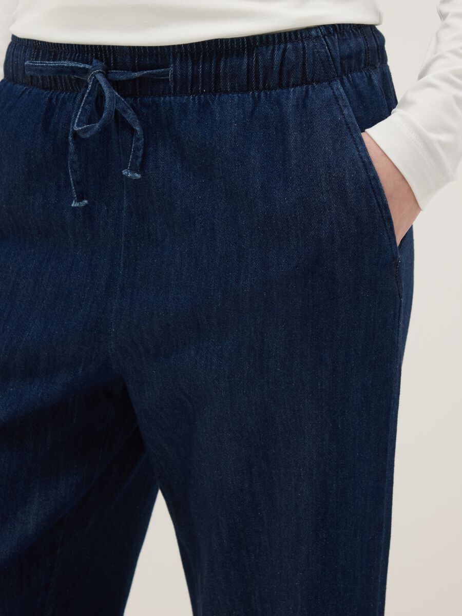 Wide-leg blue denim pure cotton trousers with elastic waist_3