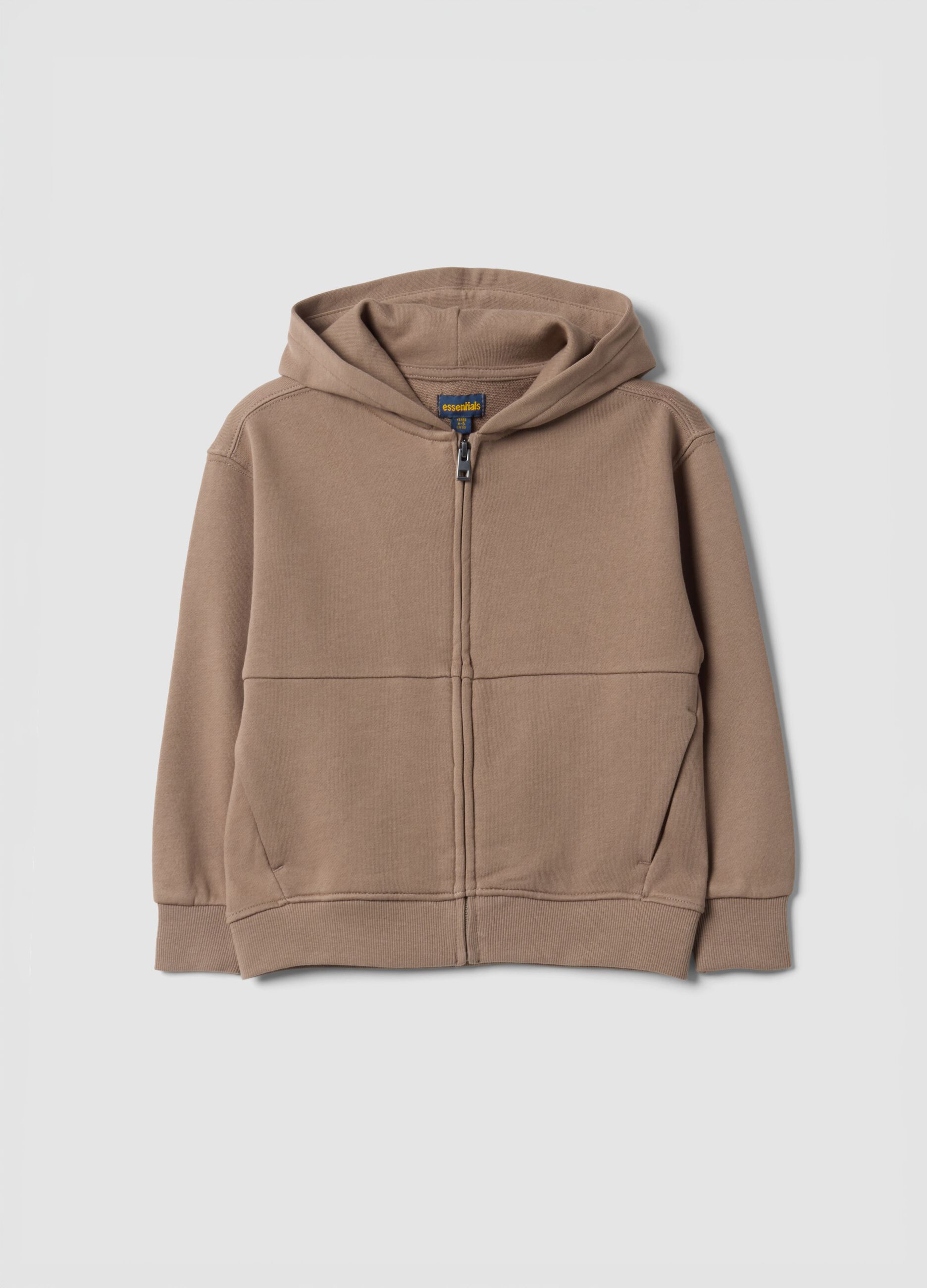 Light brown organic cotton hooded sweatshirt with zip, oversized fit for boys