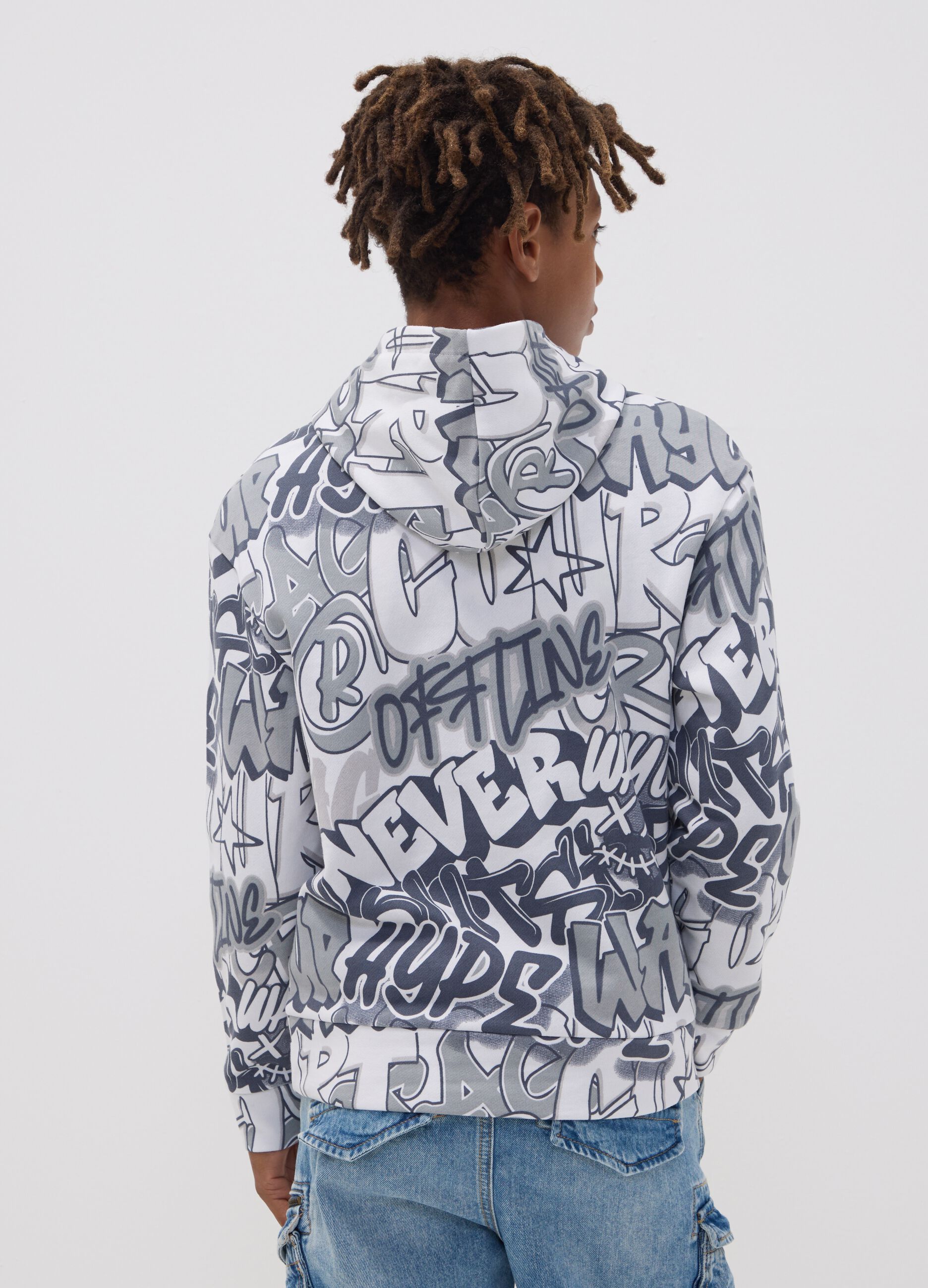 Sweatshirt branca com capuz em mistura de algod&atilde;o com estampado graffiti all over para rapaz