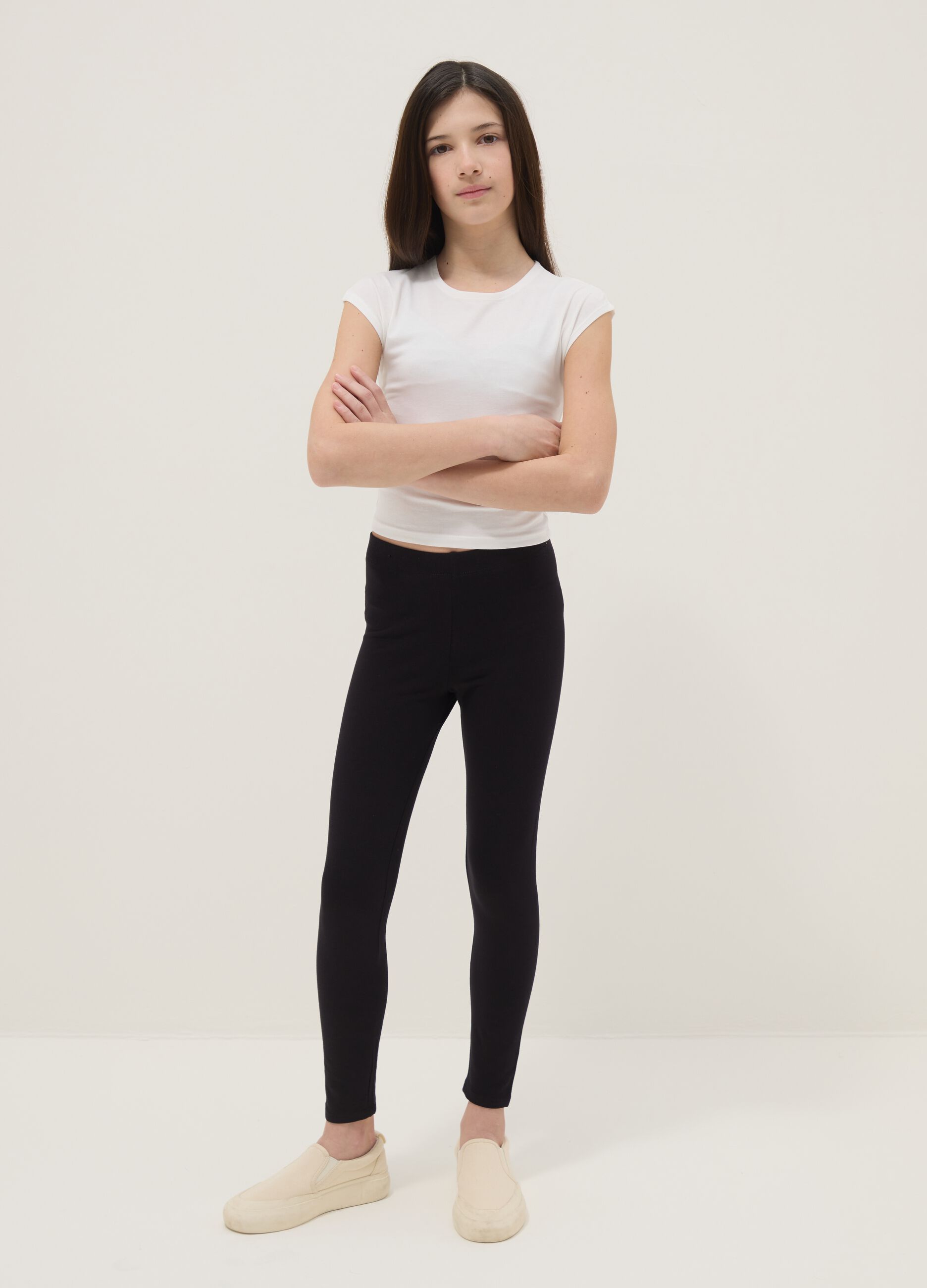 Leggings em algod&atilde;o preto el&aacute;stico para meninas, slim fit
