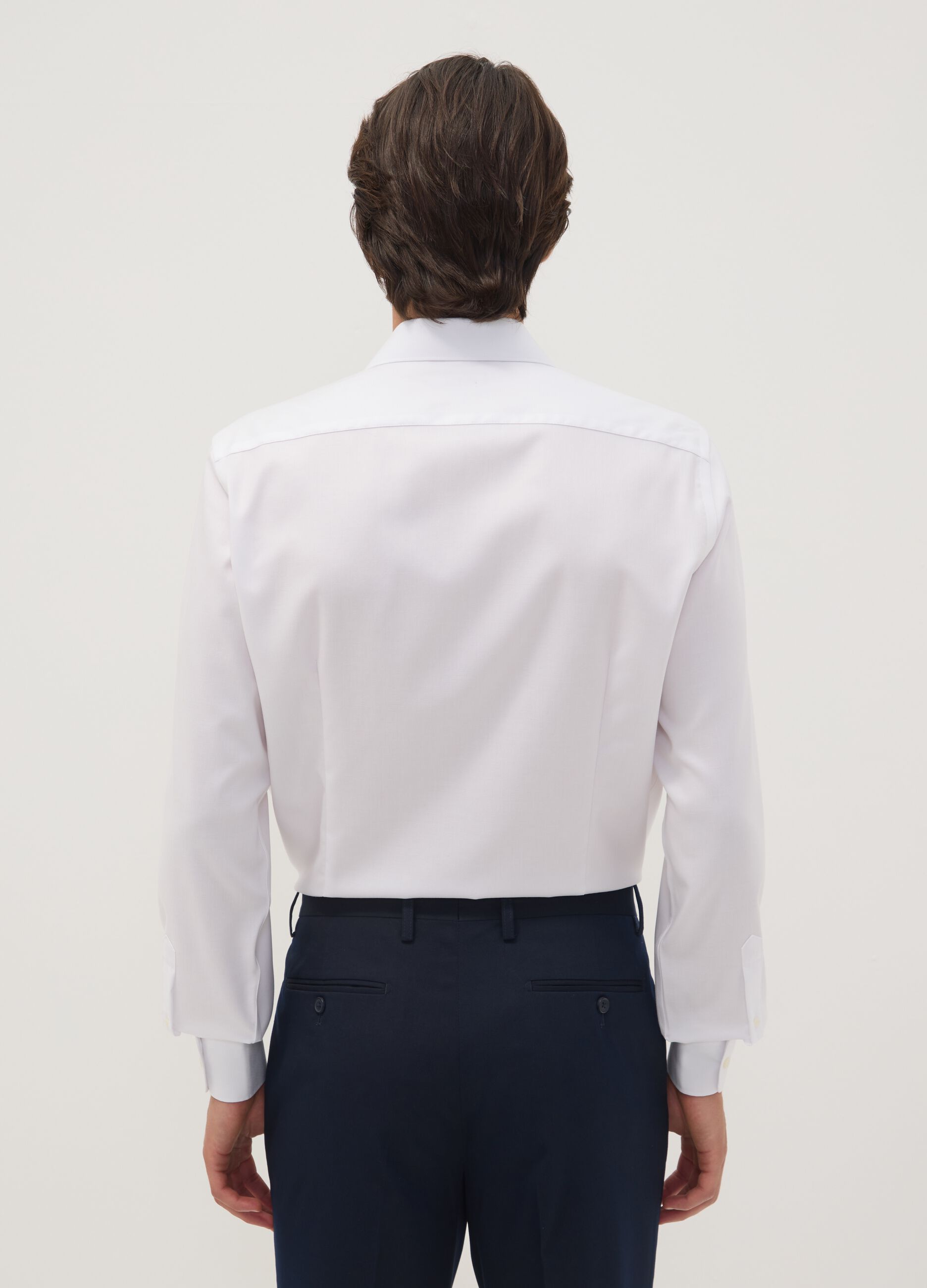 White slim-fit pure cotton twill shirt with French collar, non-iron