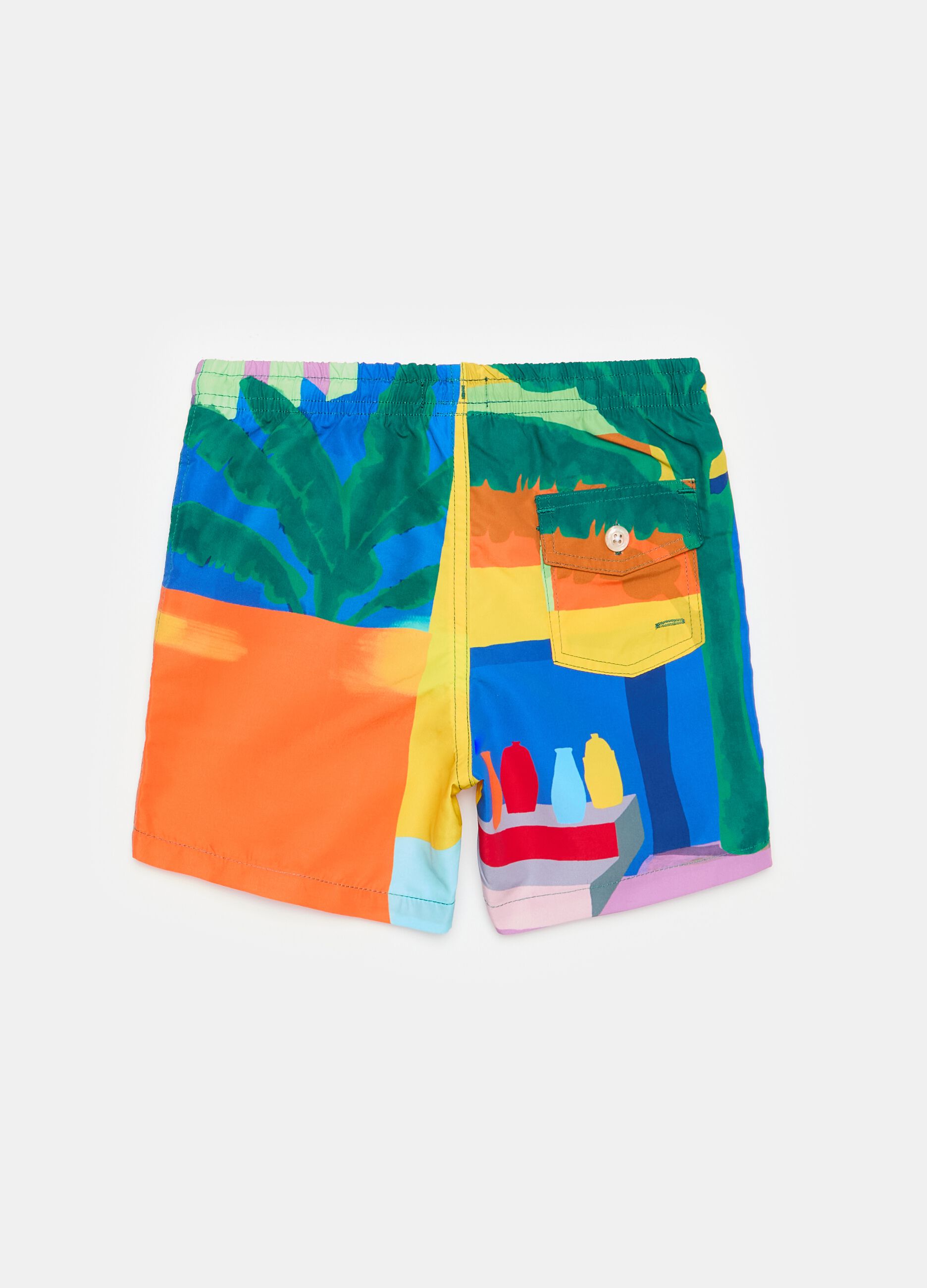 Swimming trunks with drawstring and landscape print