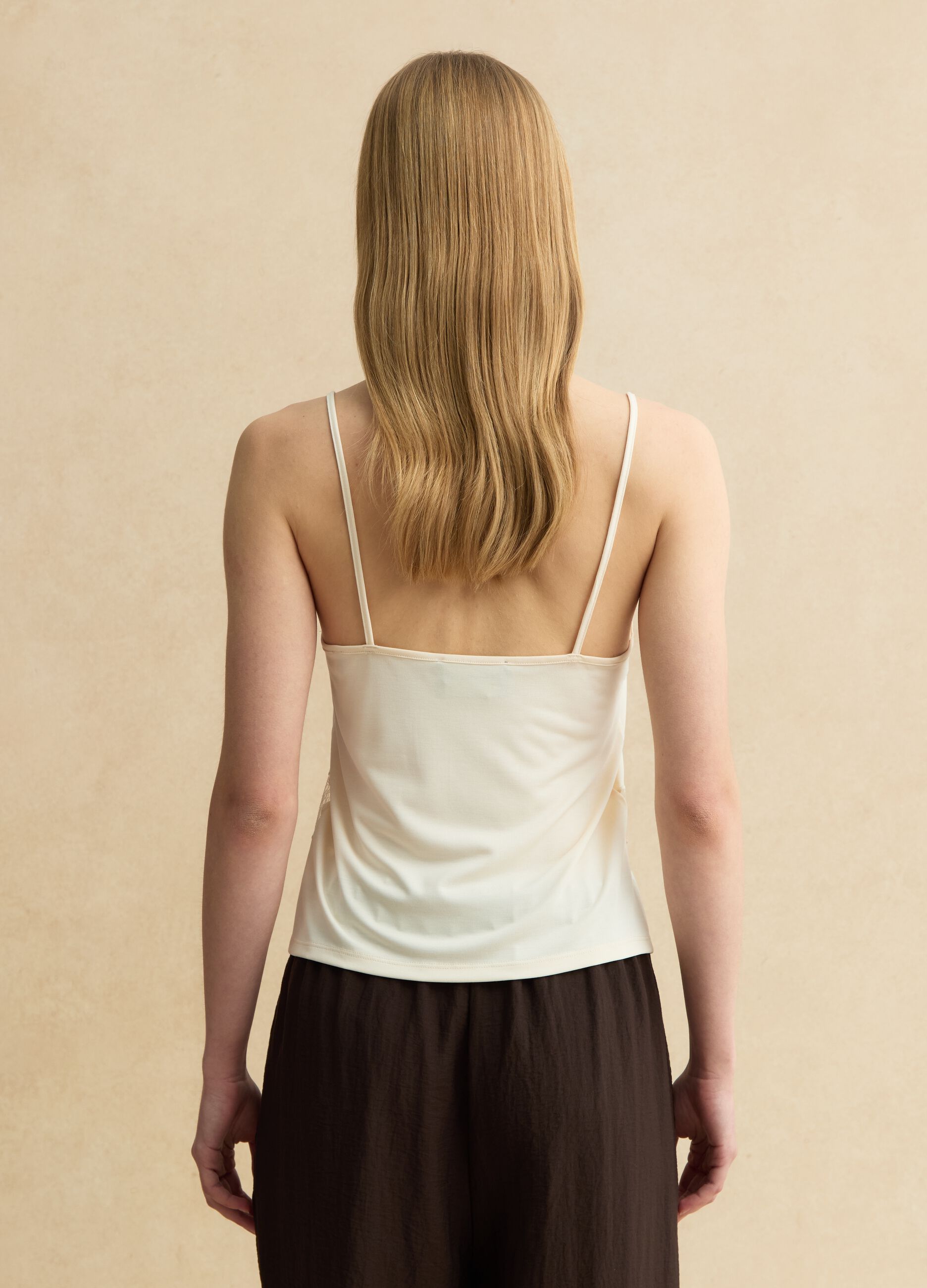 Beiges Tanktop aus Viskose-Mischung, Regular Fit, mit transparenten Details