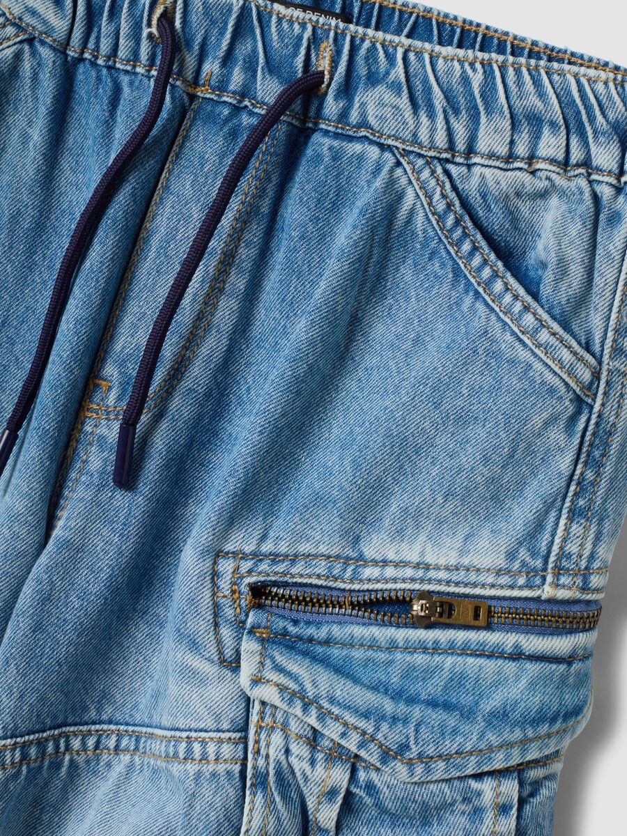Light blue pure cotton cargo jeans with elasticated waist, relaxed fit_1