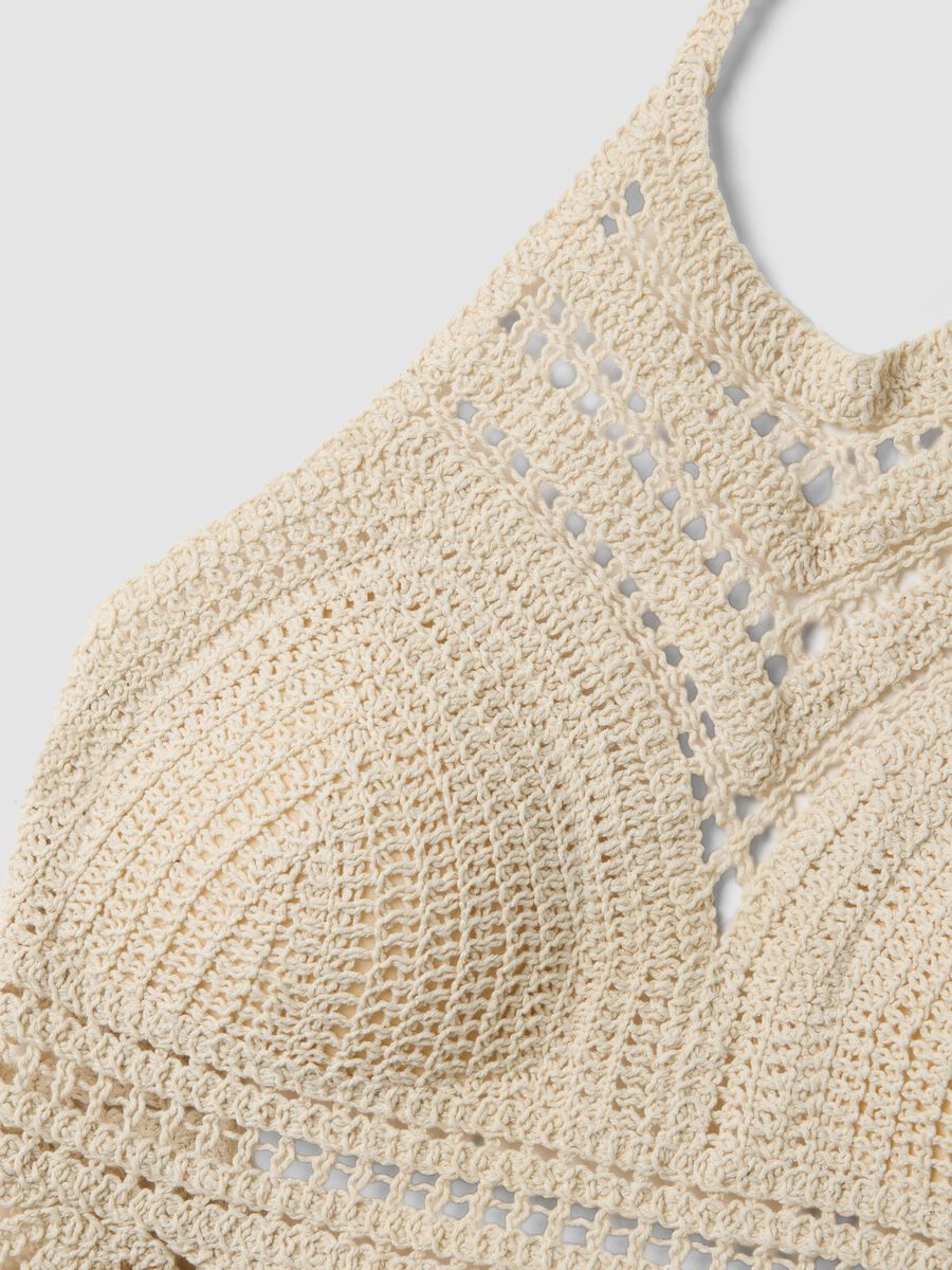 Beige crochet crop tank top in cotton blend, regular fit_5
