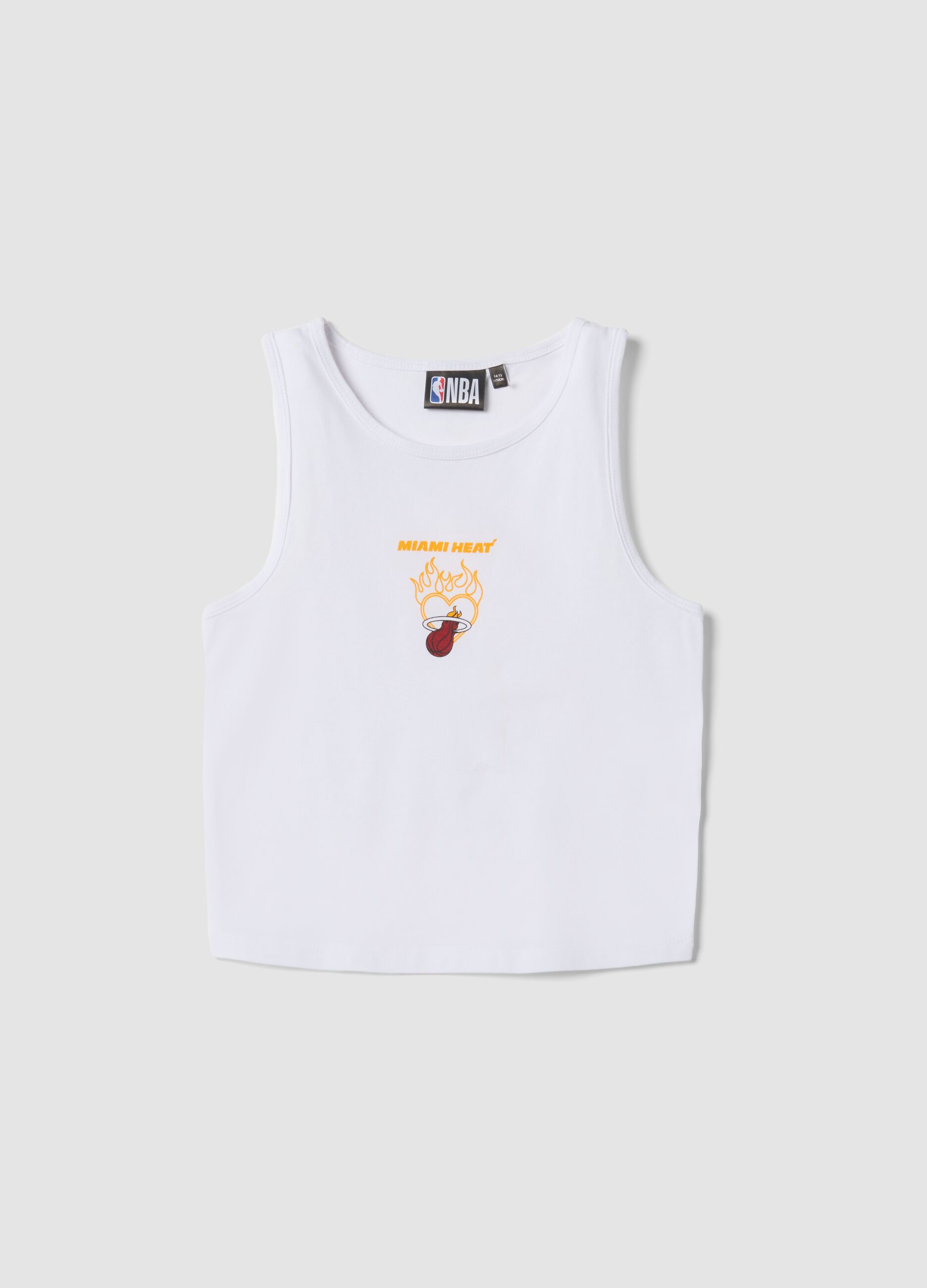 Tank top bianco in cotone elasticizzato con stampa Miami Heat fitted per ragazza
