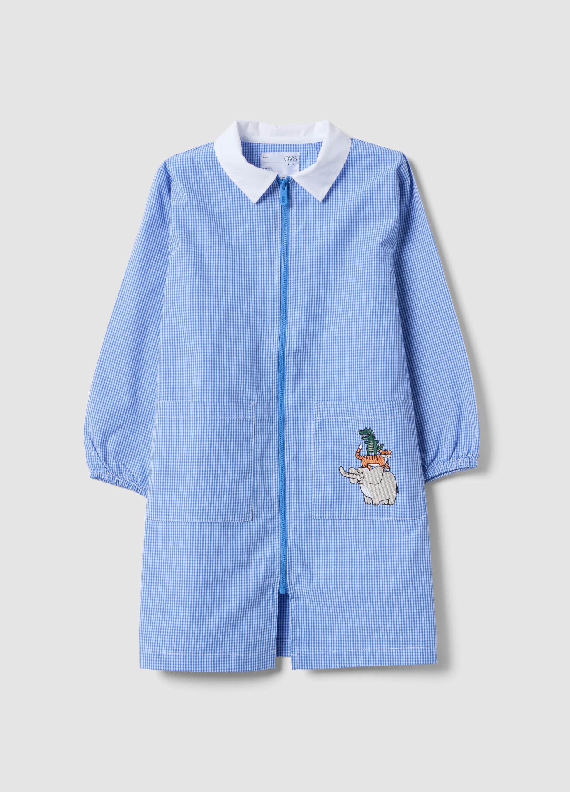 Blue gingham nursery apron with zip and animal embroidery