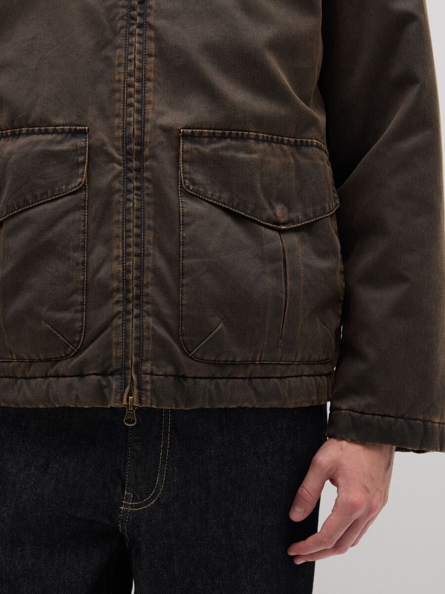 Brown cotton blend regular fit heavy parka jacket with zip_3