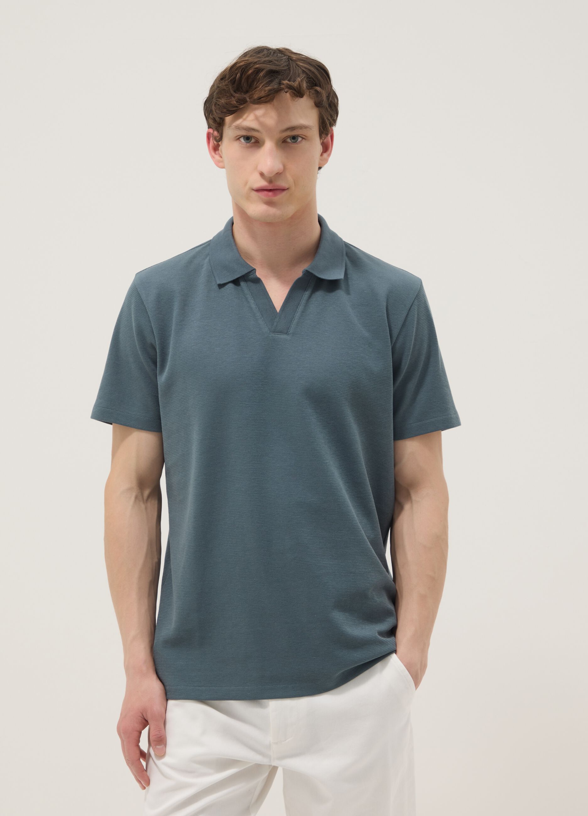 Green stretch cotton short-sleeve polo