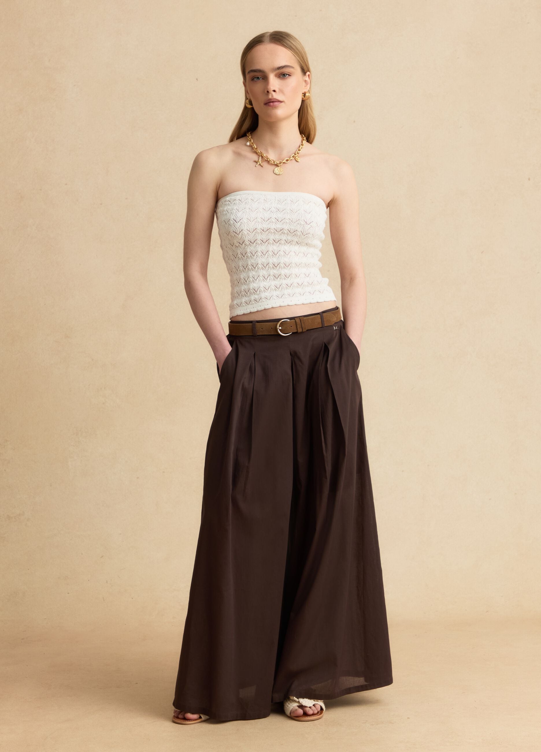 Brown pure cotton palazzo trousers