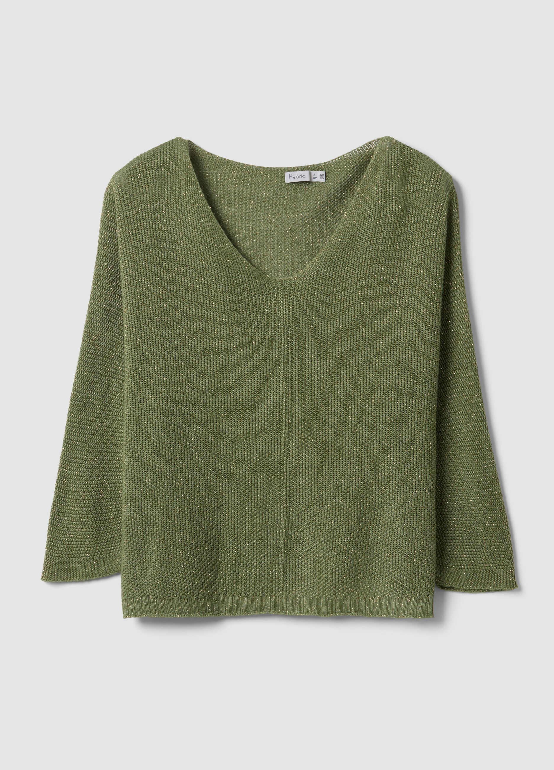 Gr&uuml;ner Pullover aus Viskose-Leinen-Mix mit V-Ausschnitt