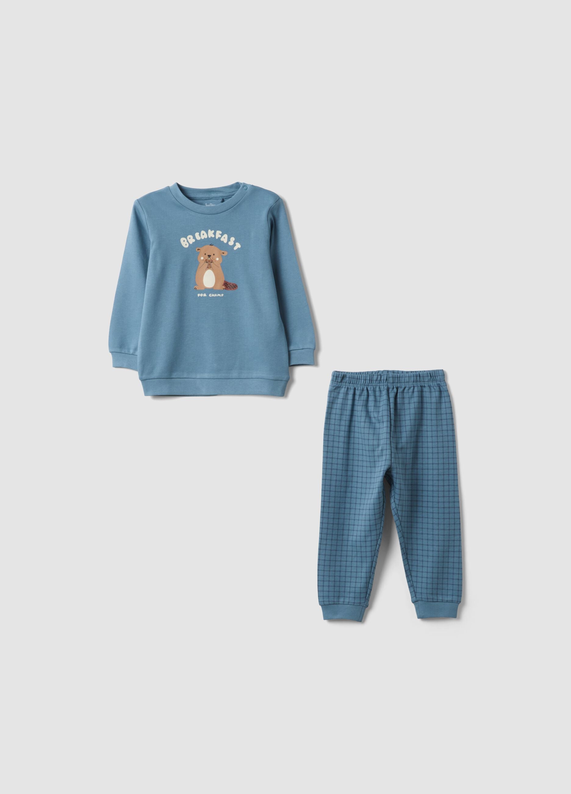 Blue organic cotton crew-neck pyjamas with cute animal print