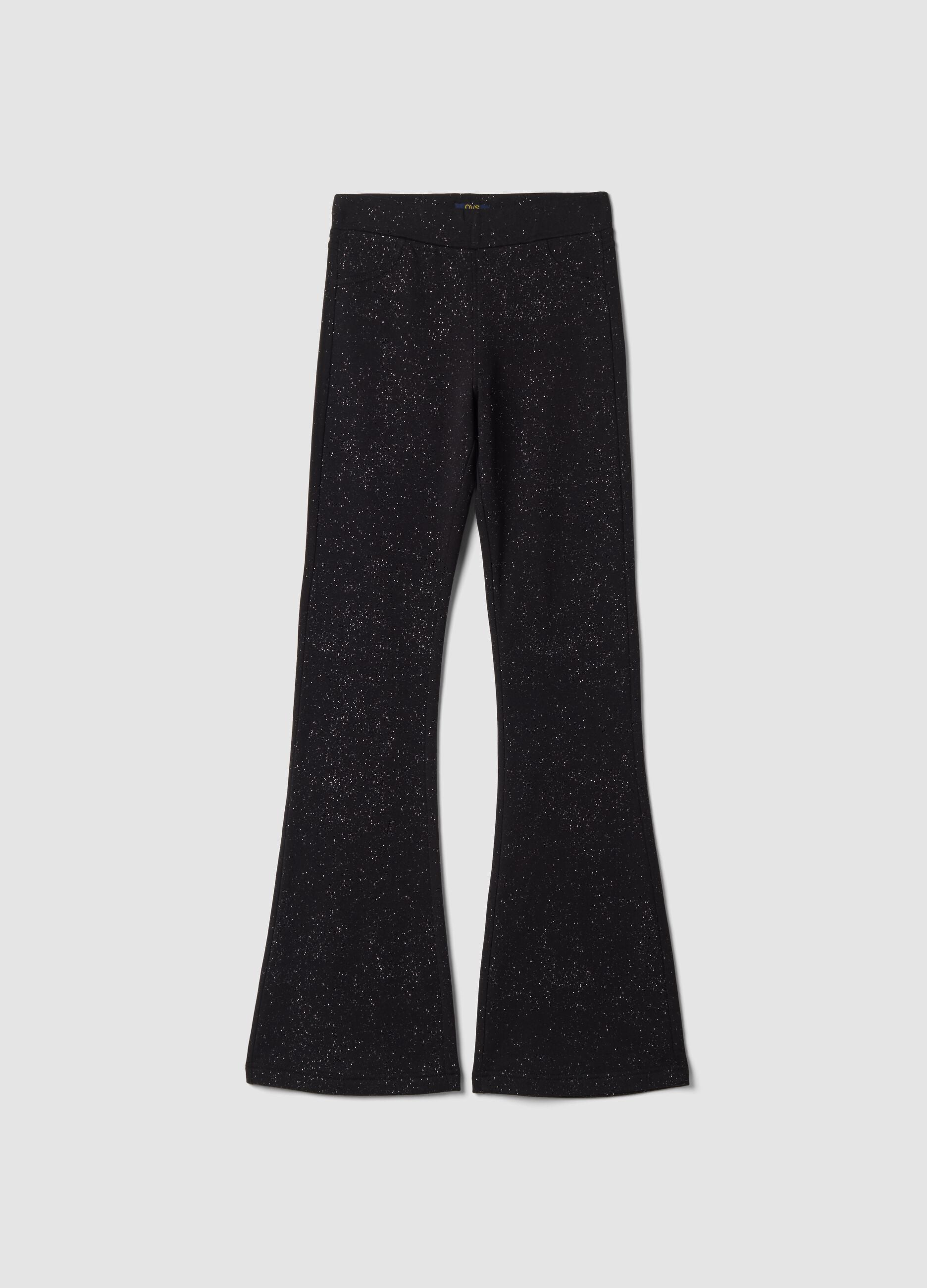Black flared stretch-cotton trousers with glitter print