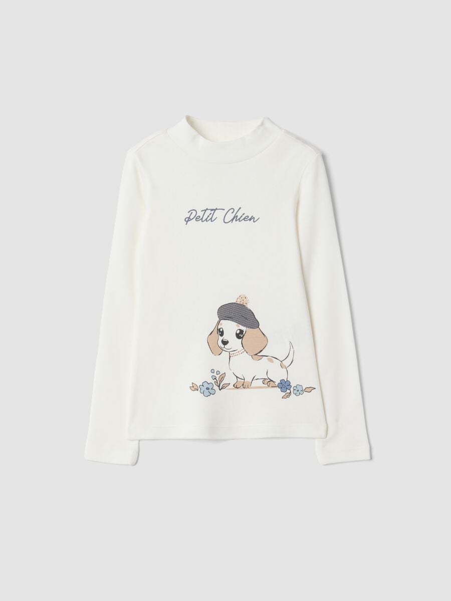 T-shirt bianca con collo rialzato in puro cotone organico con stampa_0