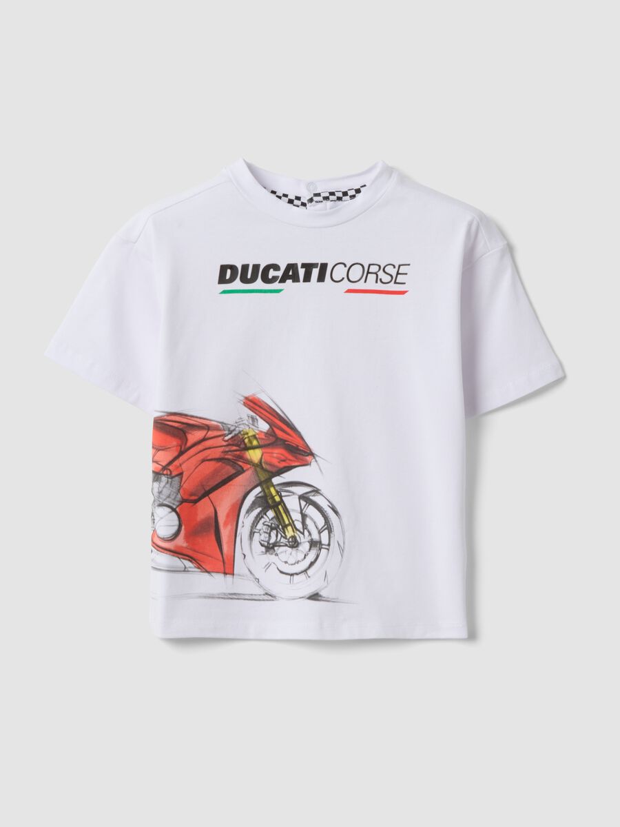 White stretch cotton T-shirt with Ducati print for boys, regular fit_0