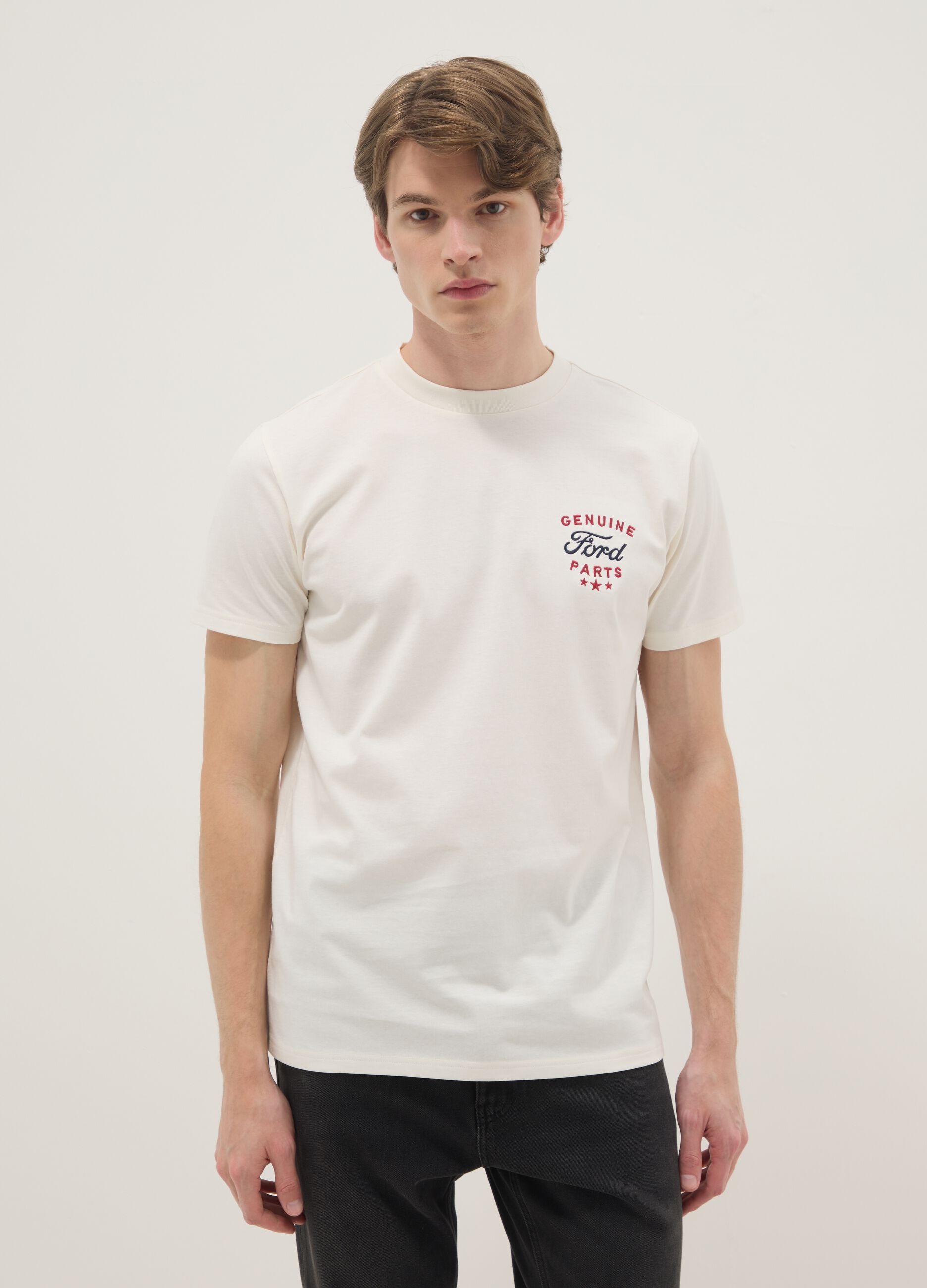 White pure cotton short-sleeve T-shirt with Ford print