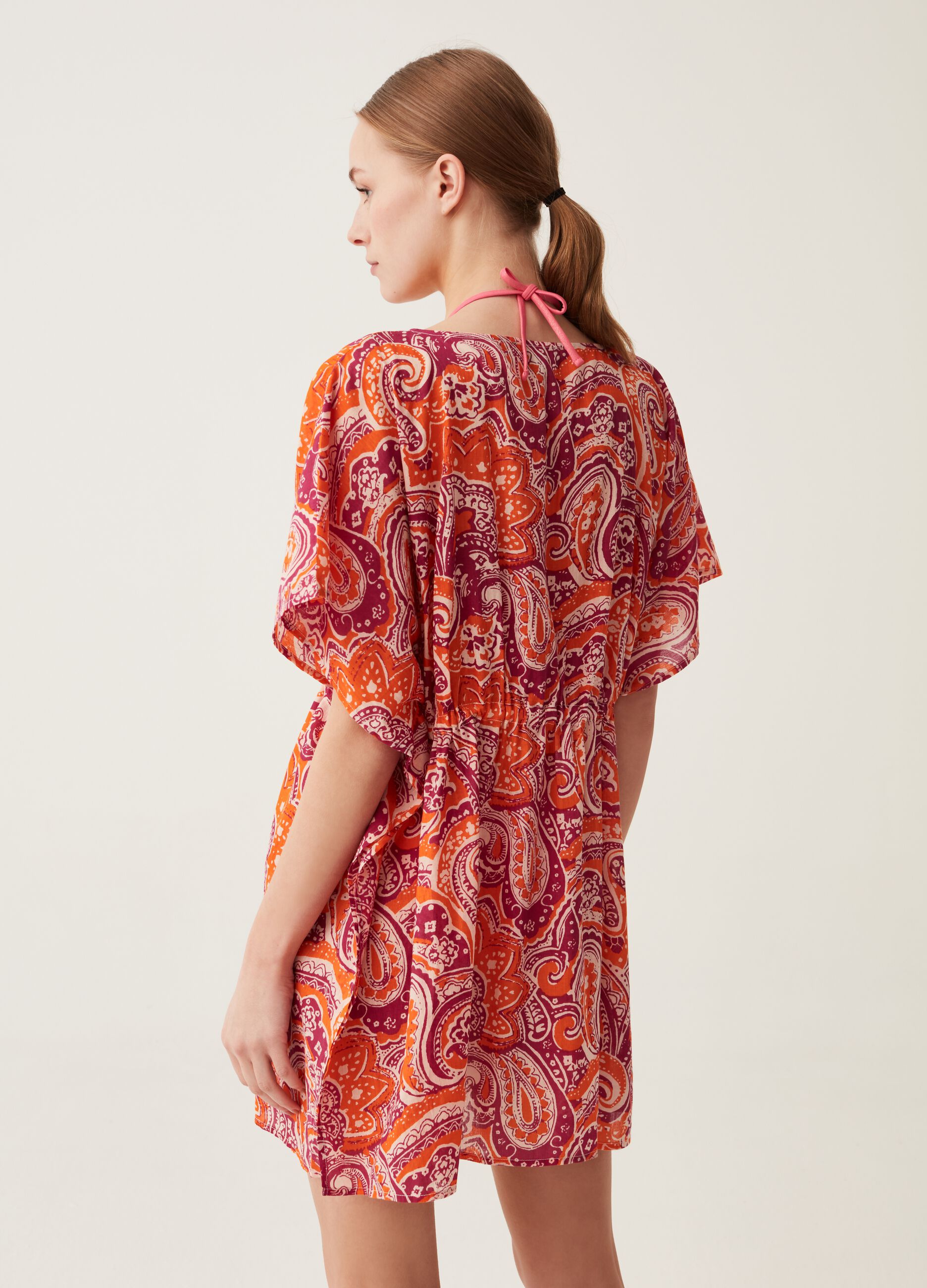 Beach cover-up poncho with cashmere print