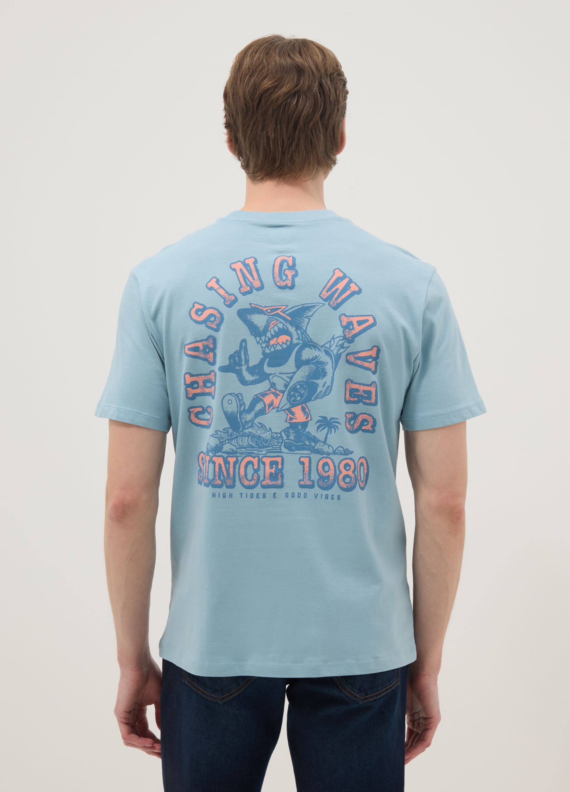 Blue short-sleeve pure cotton T-shirt with print, relaxed fit