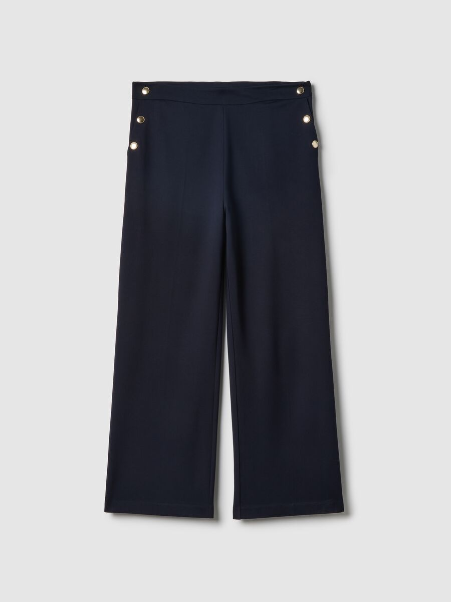 Blue Wide-Leg Trousers with Decorative Buttons_4