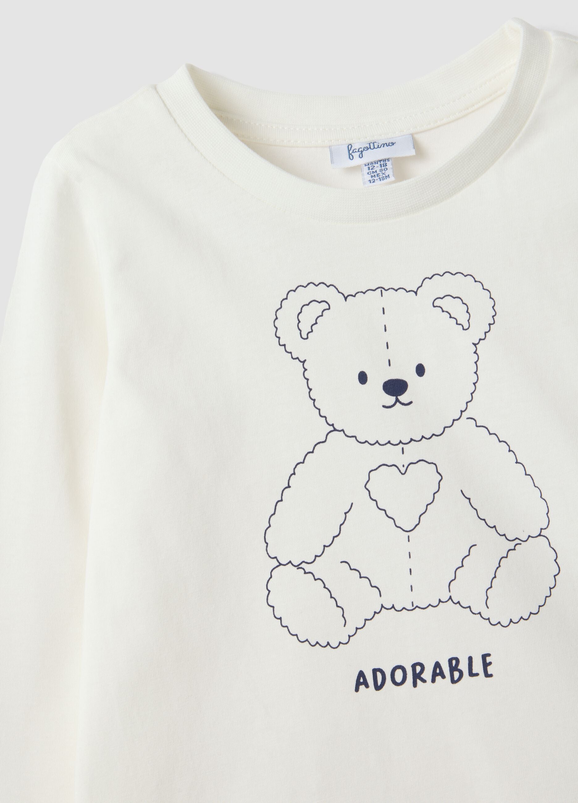 White pure organic cotton T-shirt with teddy bear print for baby girl