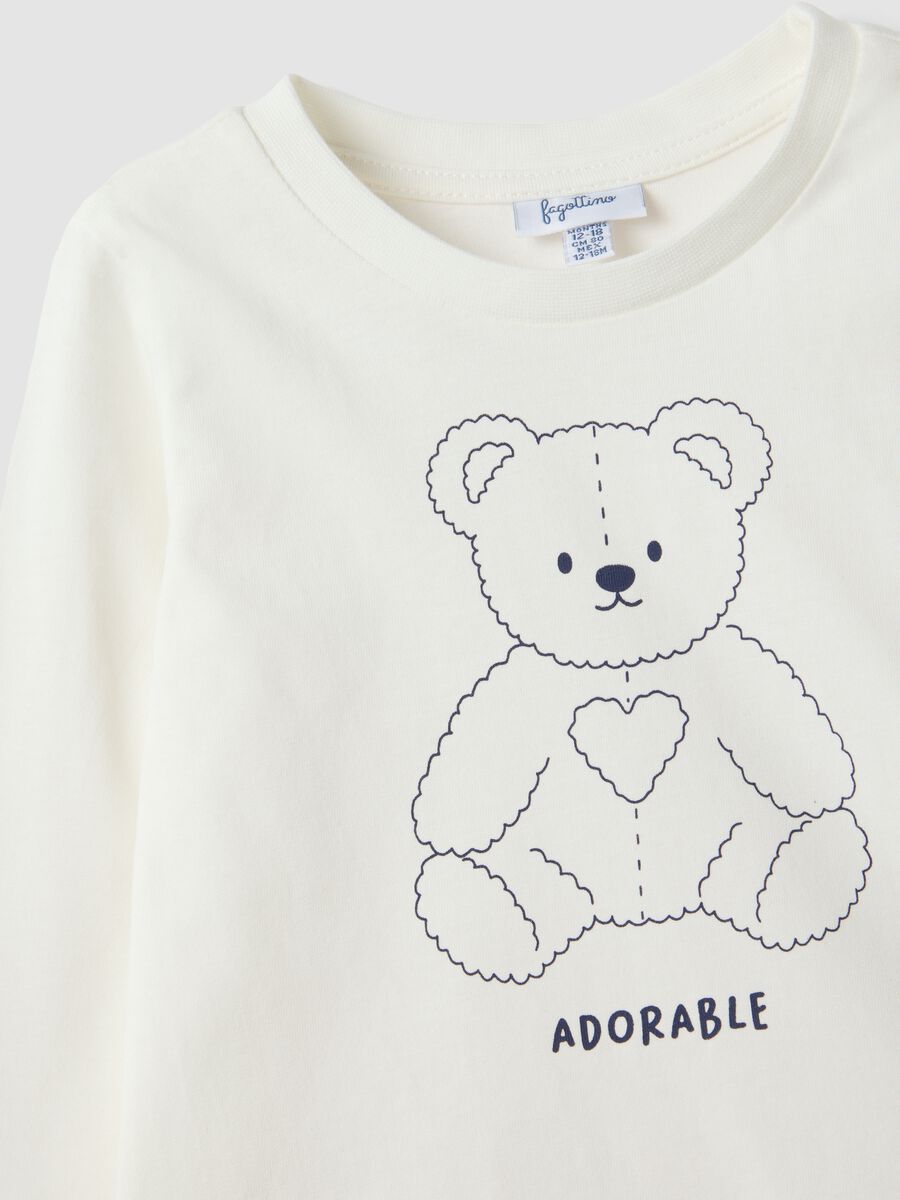 White pure organic cotton T-shirt with teddy bear print for baby girl_2
