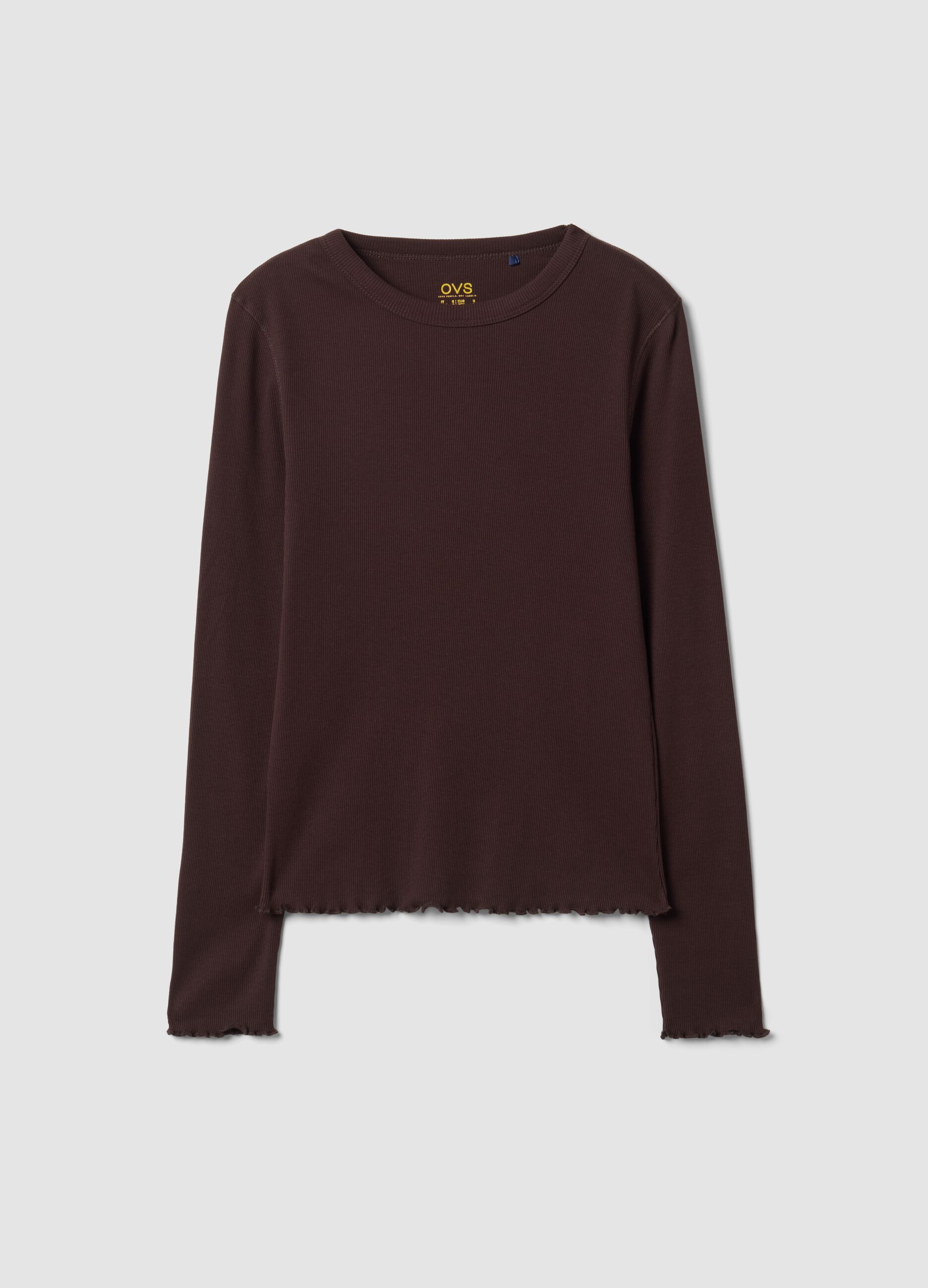 T-shirt marrone in puro cotone a maniche lunghe girocollo regular fit