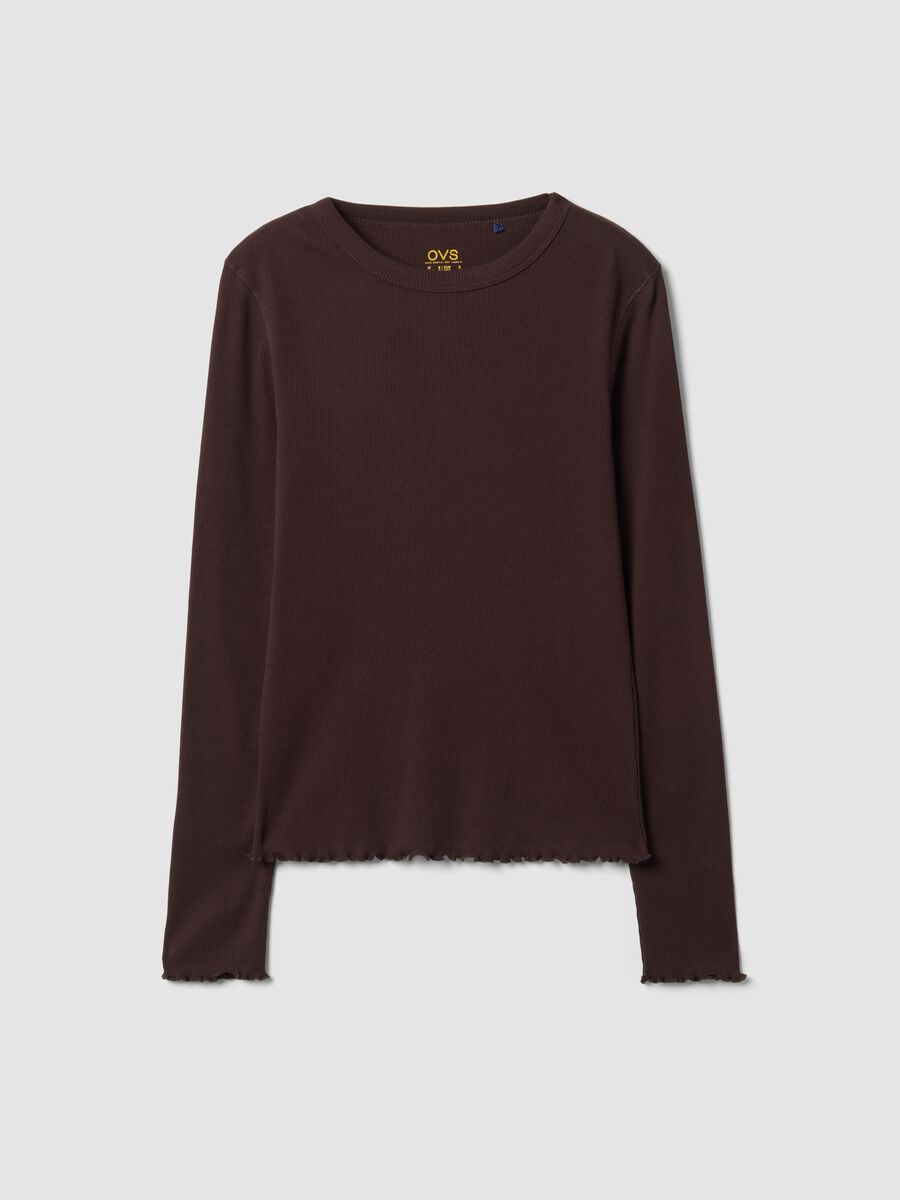 T-shirt marrone in puro cotone a maniche lunghe girocollo regular fit_4