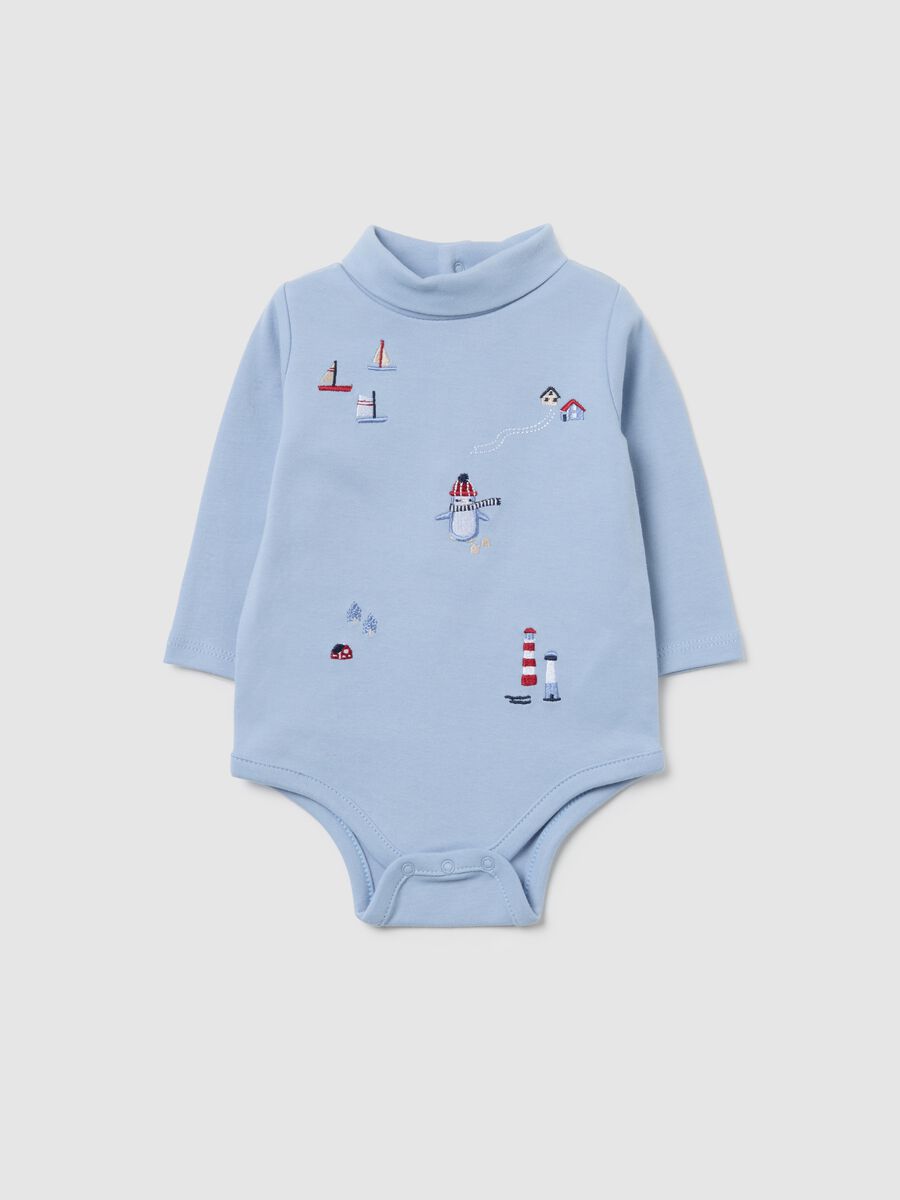 Baby's Christmas bodysuit in pure blue cotton with high collar_0