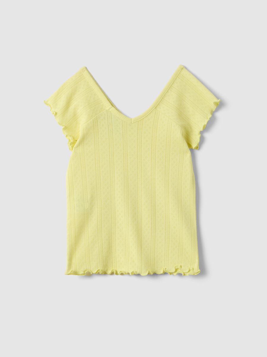 Yellow girls' cotton blend fitted V-neck t-shirt_4