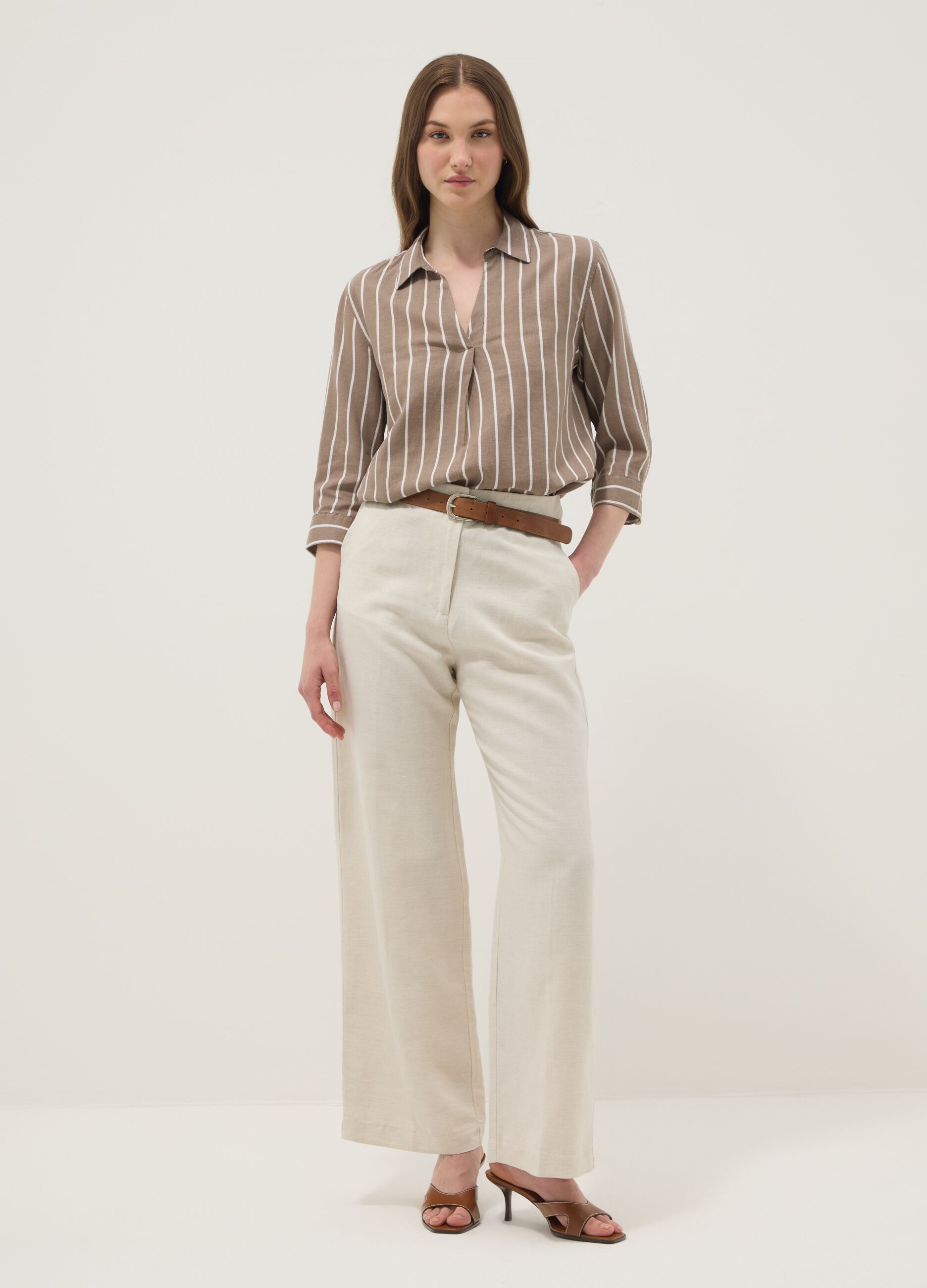 Brown striped linen-viscose blend shirt