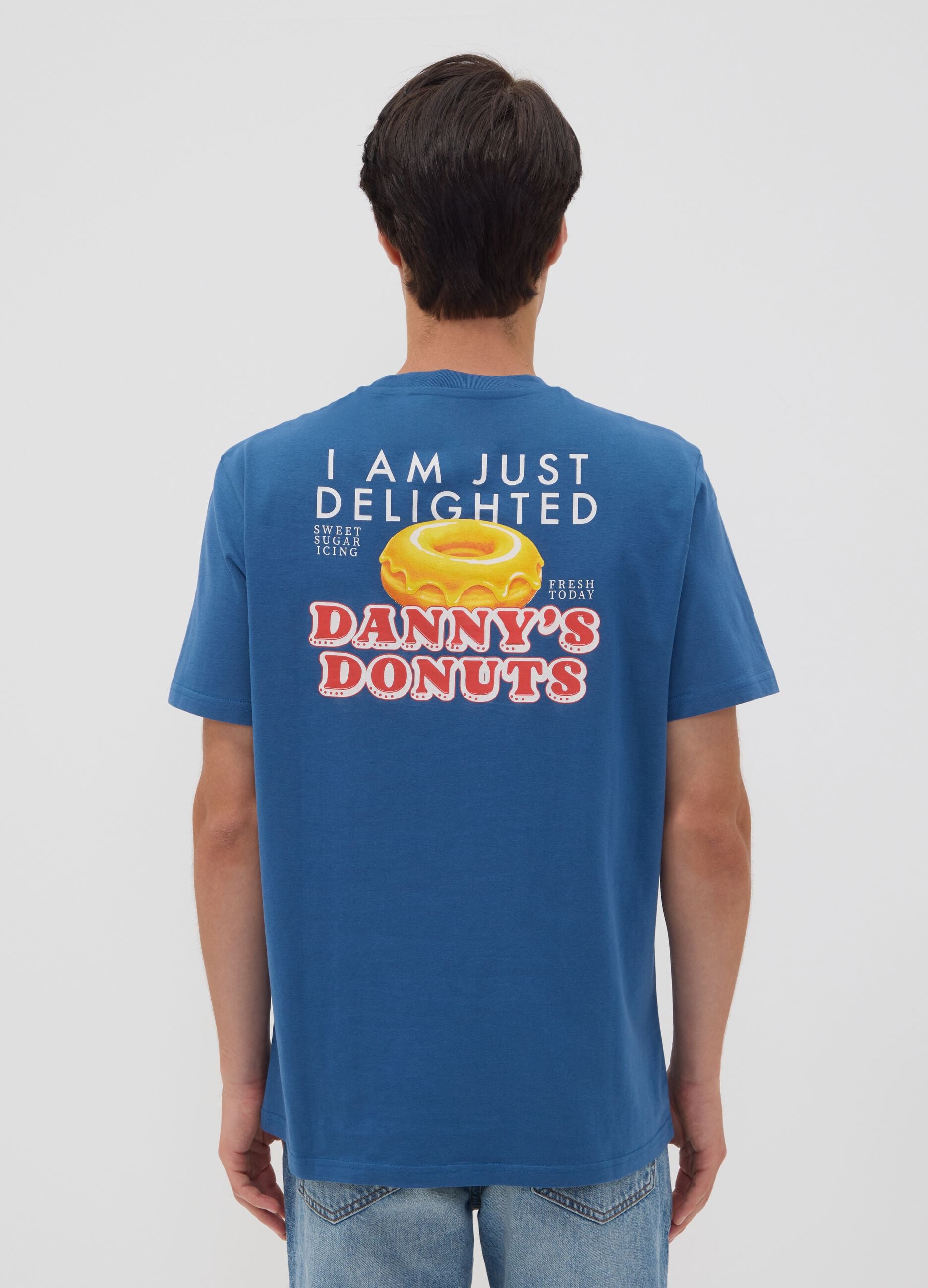 Blaues T-Shirt aus reiner Baumwoll-Jersey mit Print, Regular Fit