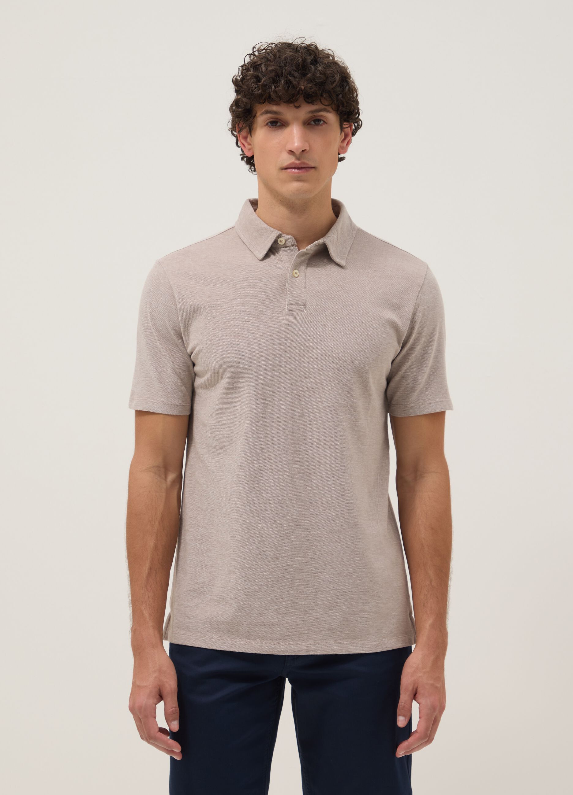 Beige pure cotton short-sleeved polo shirt