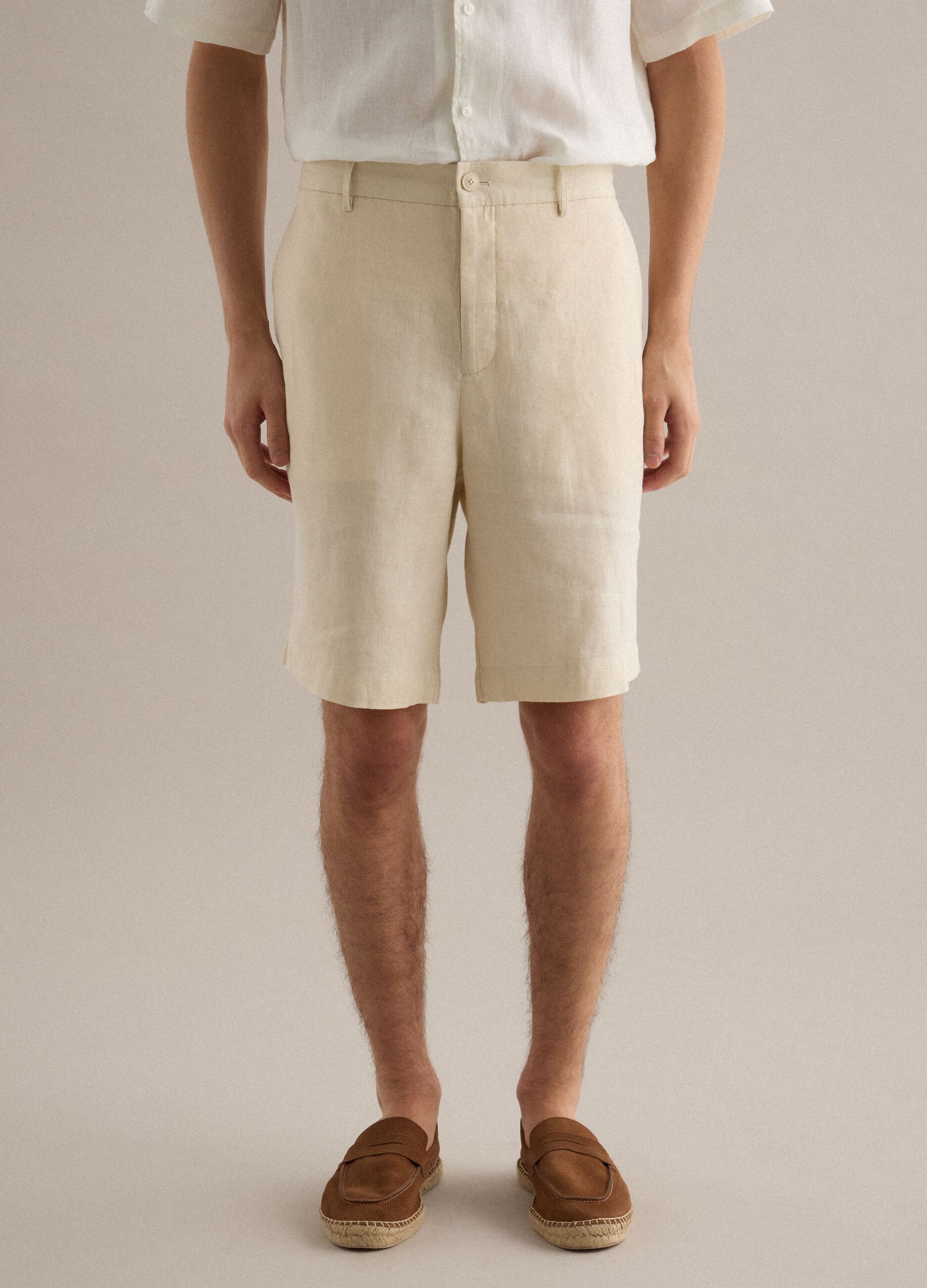 Pure Linen White Bermuda Shorts Regular Fit