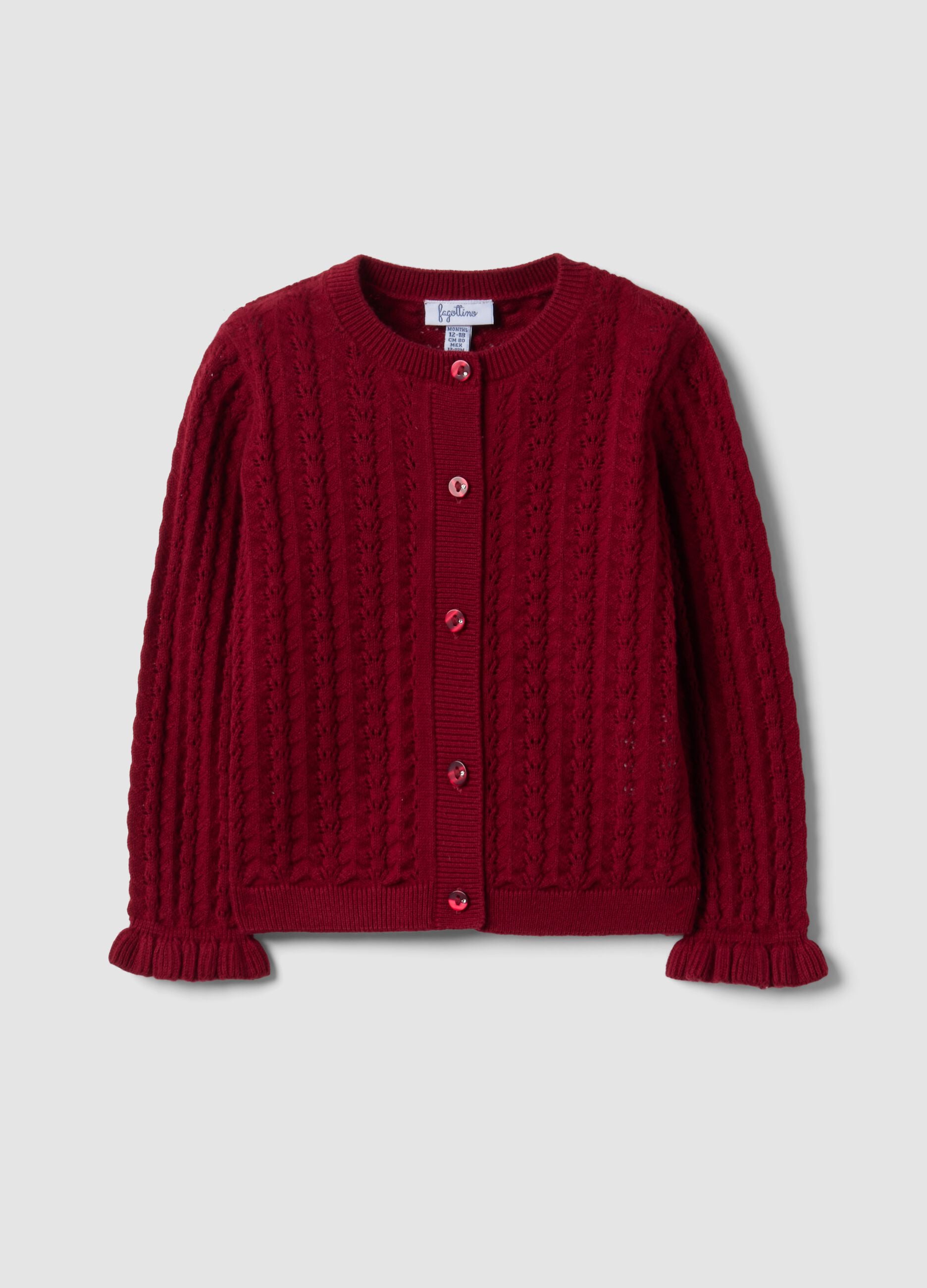 Red pure cotton openwork knit cardigan for baby girl