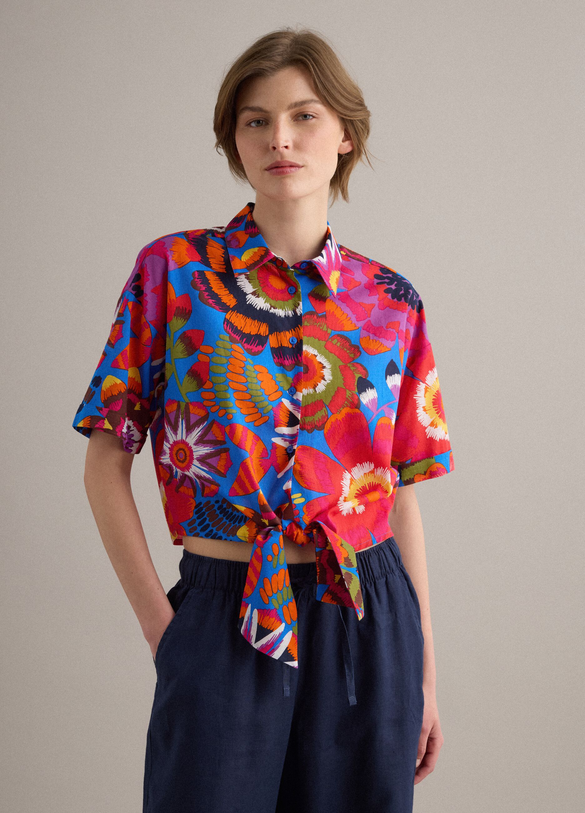 Camisa crop multicolor de algod&oacute;n puro