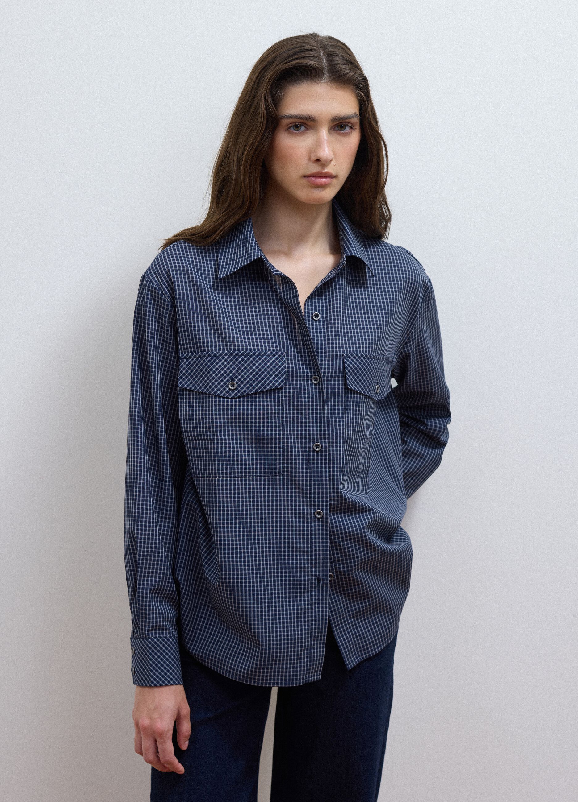 Camicia blu in misto cotone e lyocell a quadretti regular fit