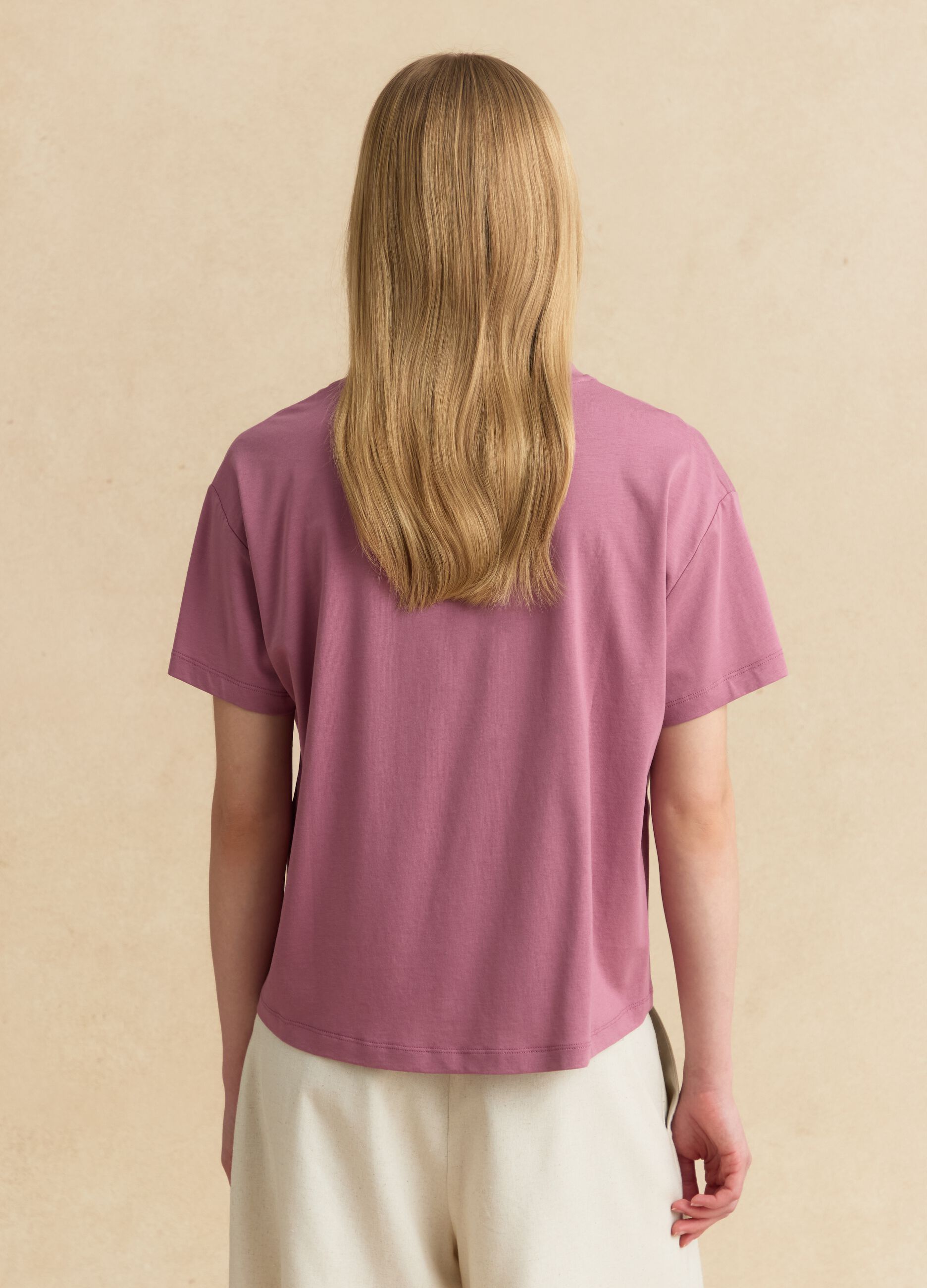Pink short-sleeve T-shirt in lyocell and cotton blend