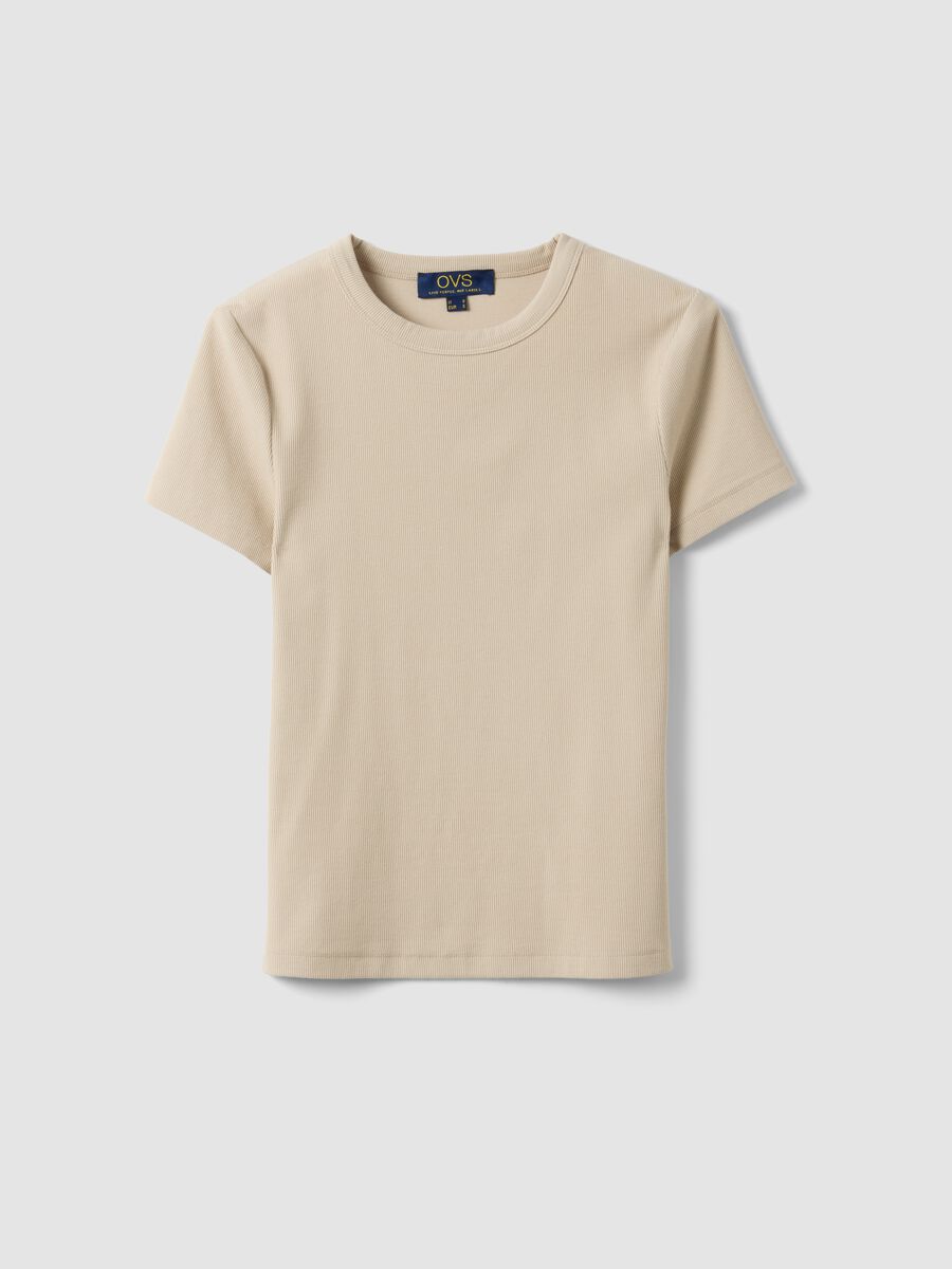 Beiges, figurbetontes T-Shirt aus elastischer Baumwolle mit kurzen &Auml;rmeln_0