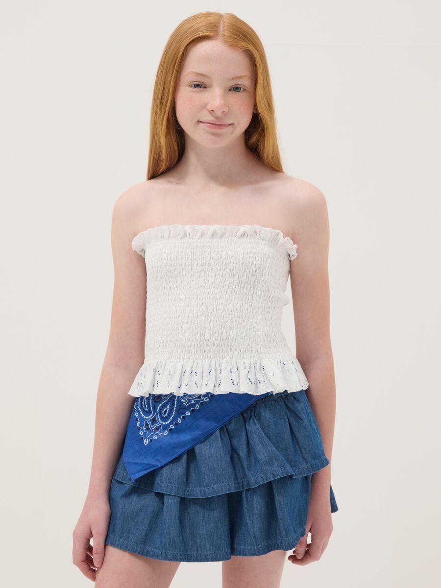 White ruched stretch-fabric top_1