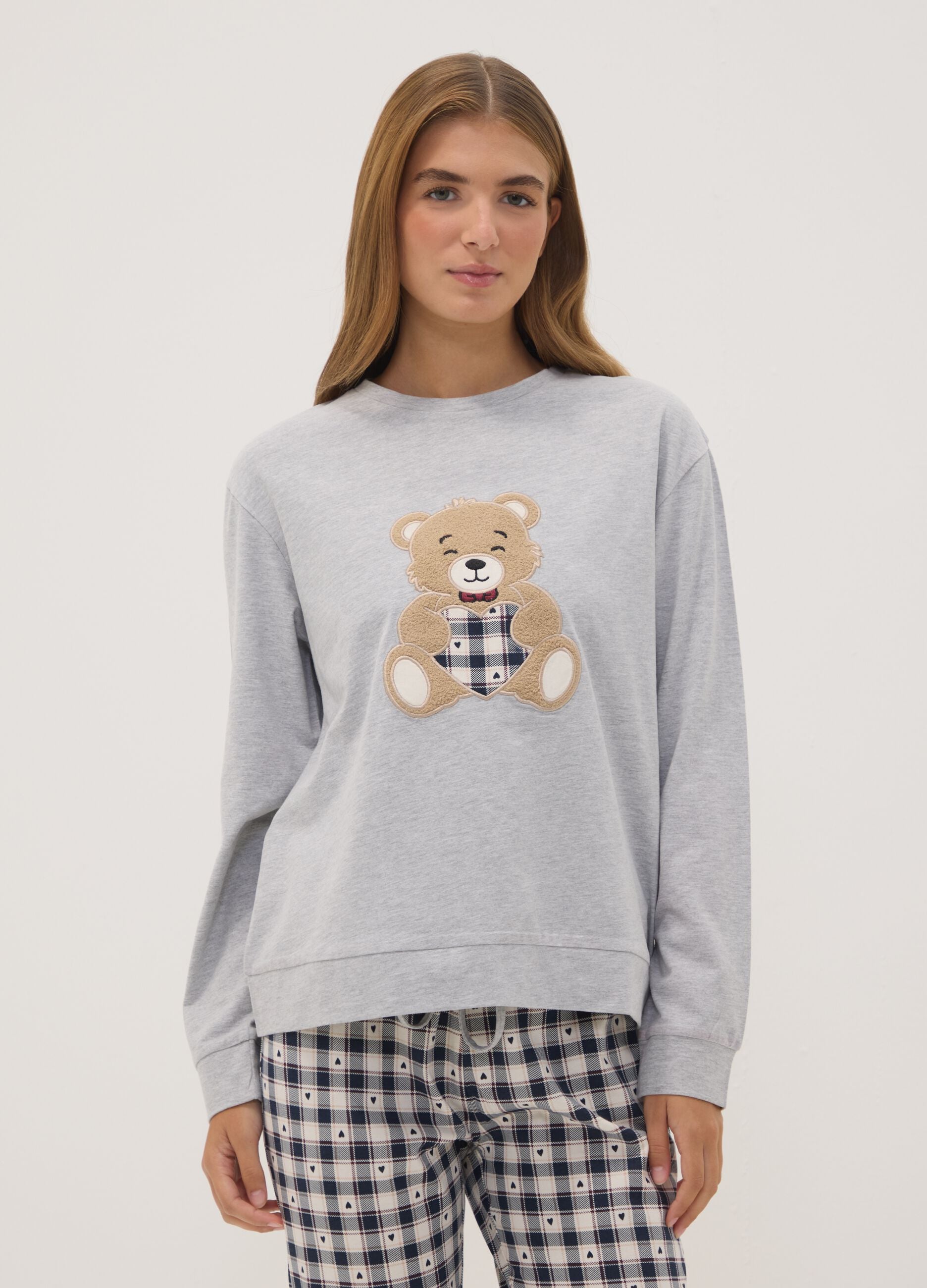 Grey marl pyjamas in organic cotton and viscose blend with crew neck